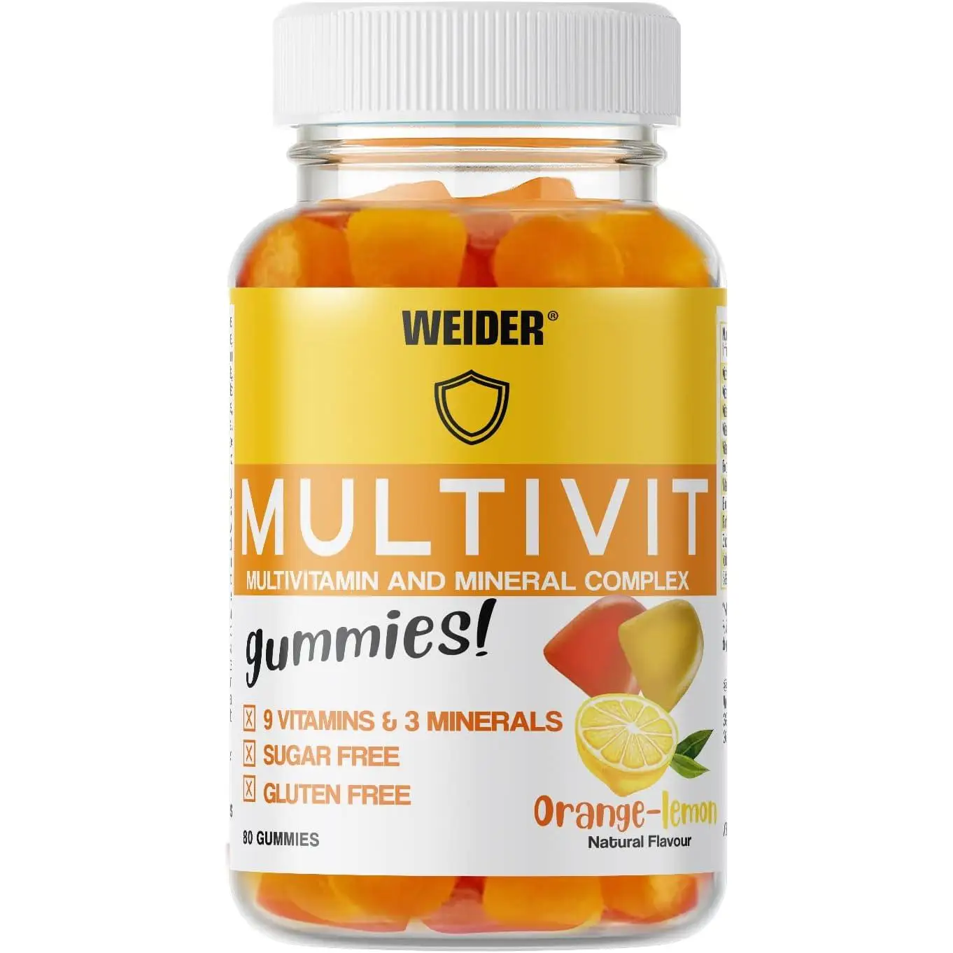 Weider Victory Multivitaminas 80 gummies, Sabor naranja y limón, Sin azúcares y sin gluten, Gominolas de vitaminas y minerales