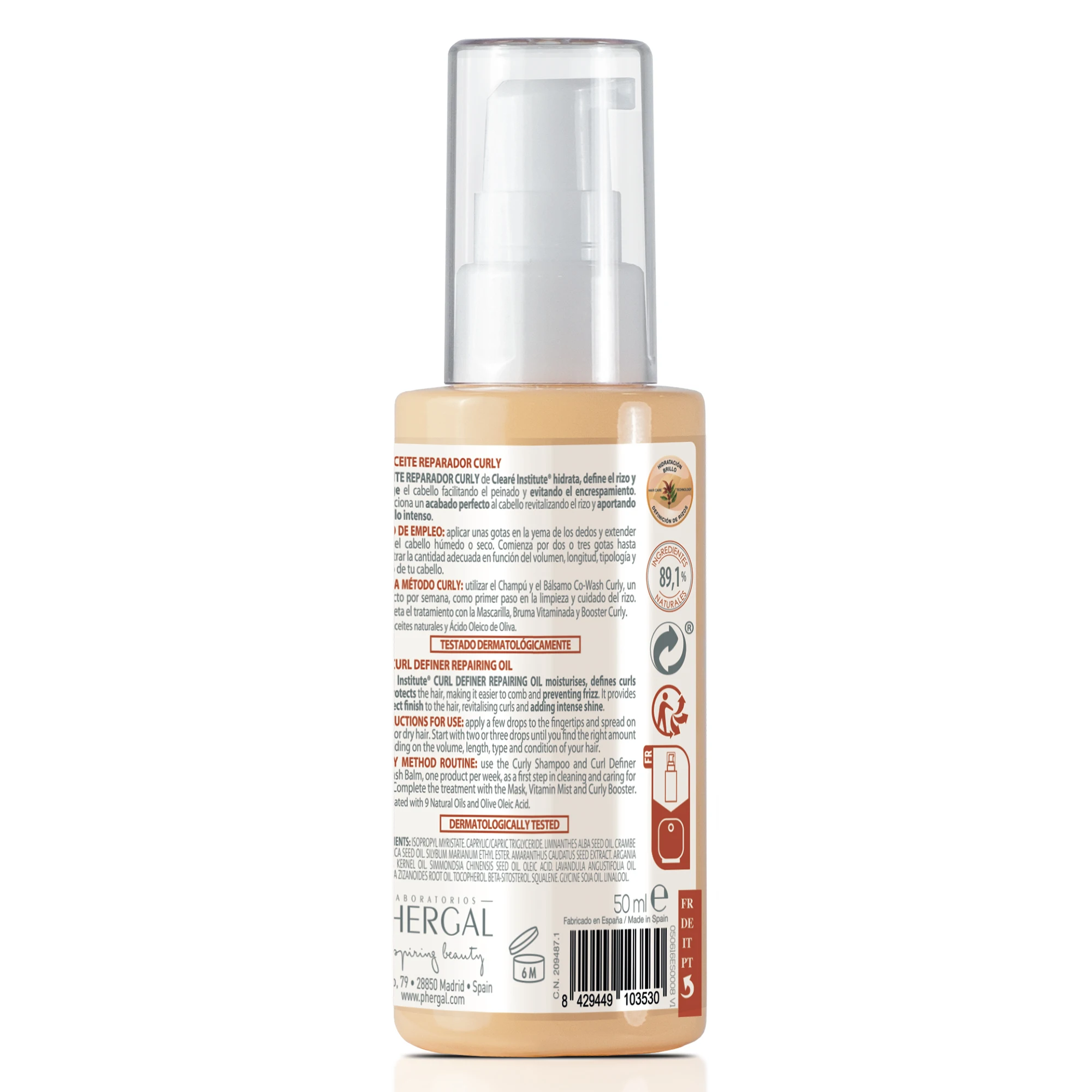 Clearé Institute Repair Oil for Curly Hair - Hydrating Treatment with 89% Natural Ingredients, Anti-Frizz, Enhances Curl Definition, 50ml, Ideal for Curly Method, Nourishes and Restores Dry Hair.