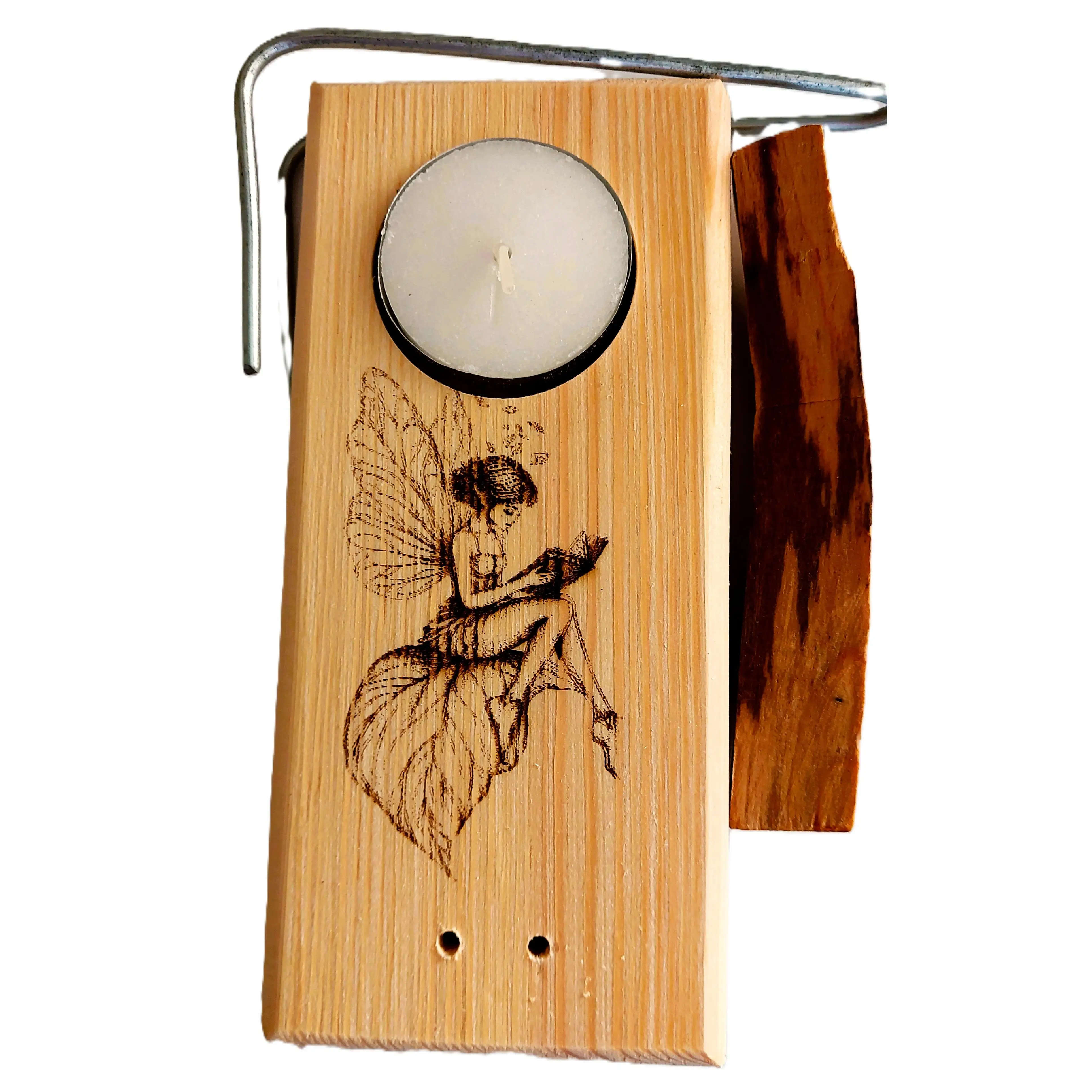 YA-DECOREGALOS Quemador para Pao Santo, Inciensos o atados fabricado artesalmente con soporte de madera varillas metalicas, incluye palo santo y vela de té, imagen de hada.