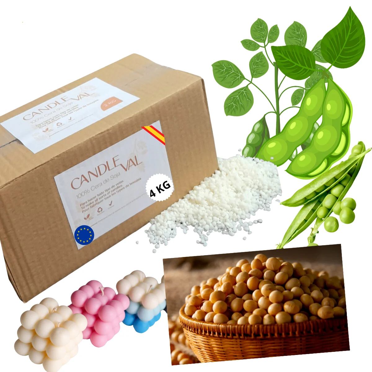 Candleval Cera de Soja 4 Kg Alto Punto de Fusión Para todo tipo de velas en botes 100 % vegetal origen España
