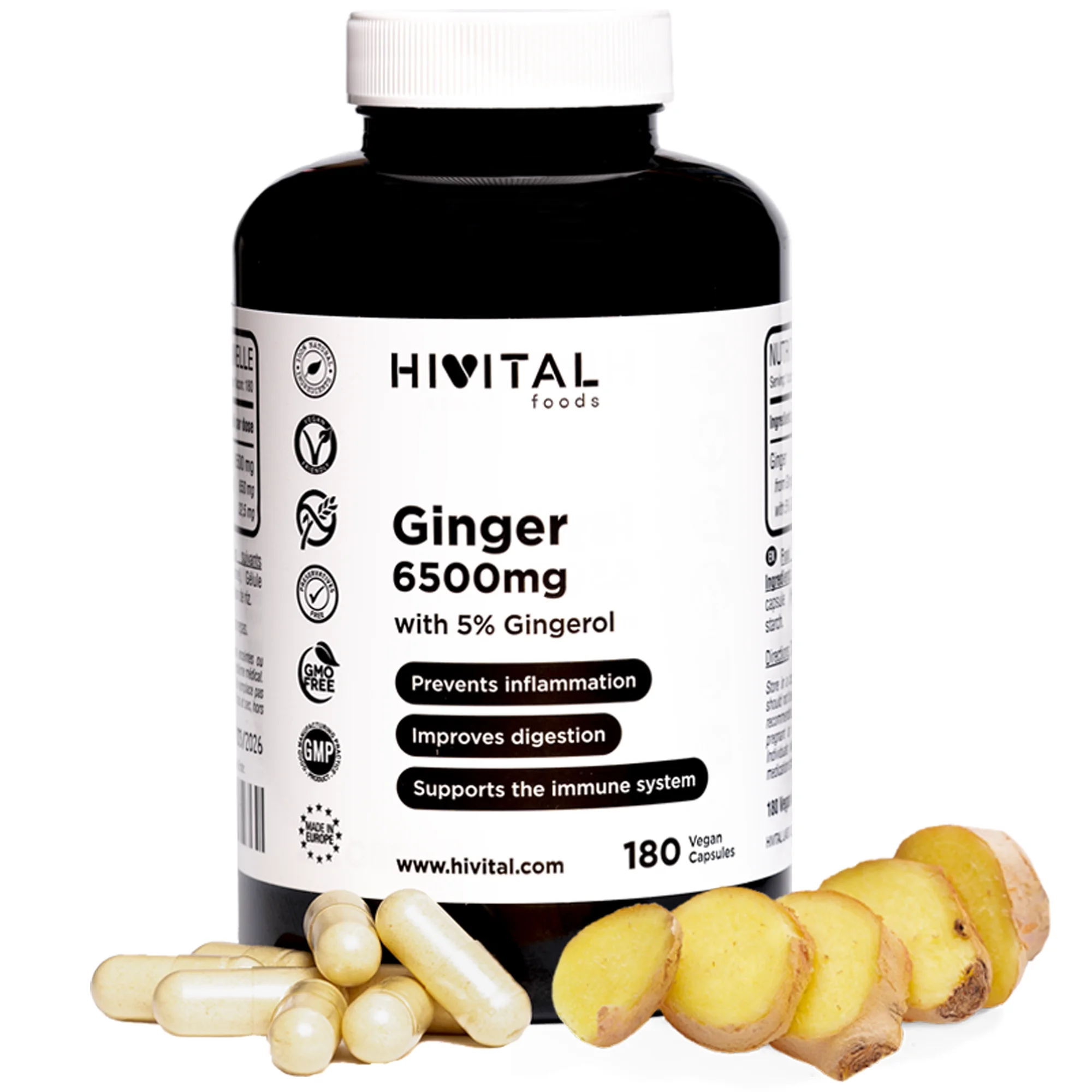 Jengibre 6500 mg. 180 cápsulas veganas para 6 meses. Extracto Natural de Jengibre al 5% en Gingeroles aportando 32,5 mg por cápsula. Previene la inflamación y mejora la digestión y el sistema inmune.