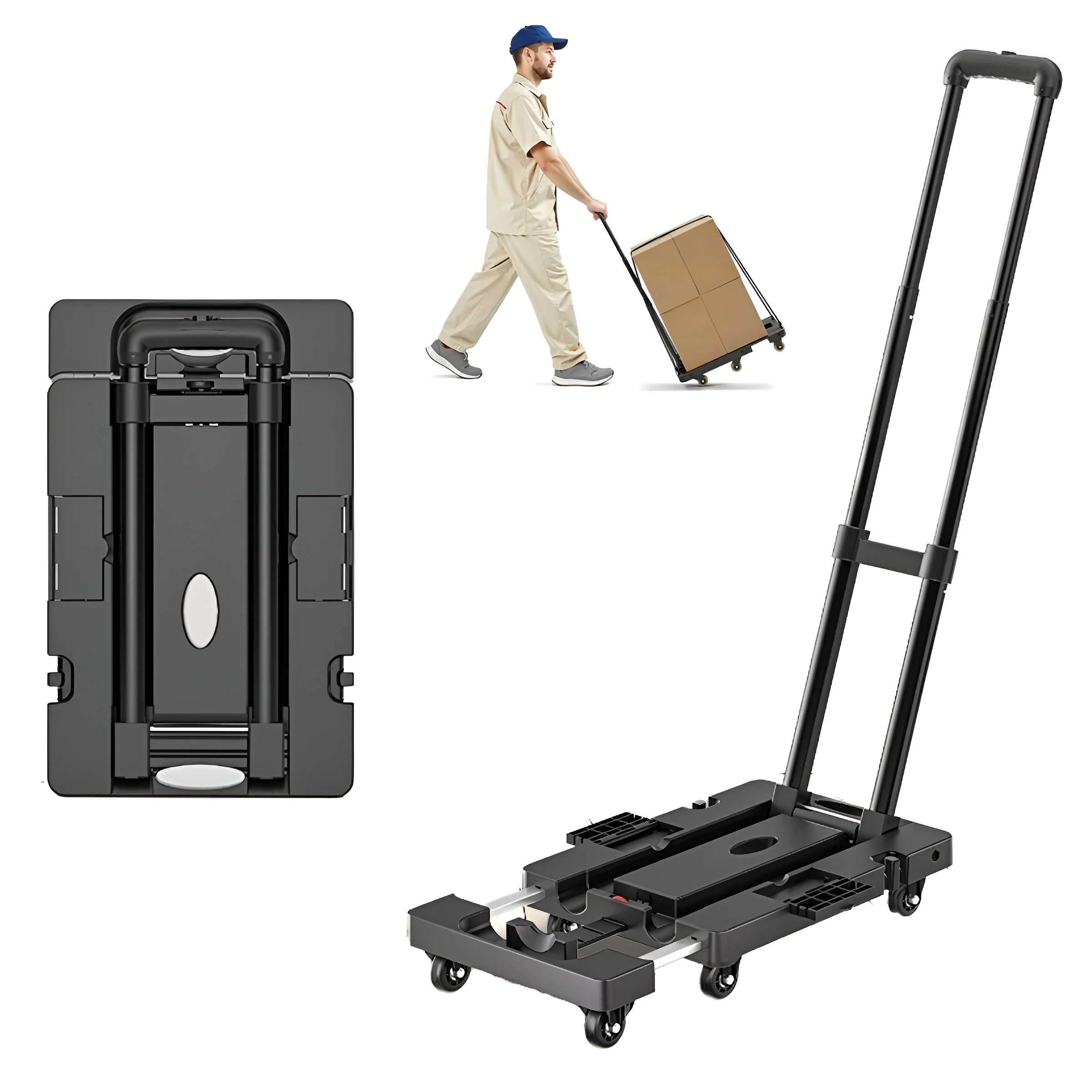 Carretilla Plegable Extensible con 6 Ruedas Giratorias 360° | Carro de Transporte Compacto con Base Ajustable y Mango Telescópico | Carrito Multiusos para Almacén, Oficina, Mudanzas, Compras y