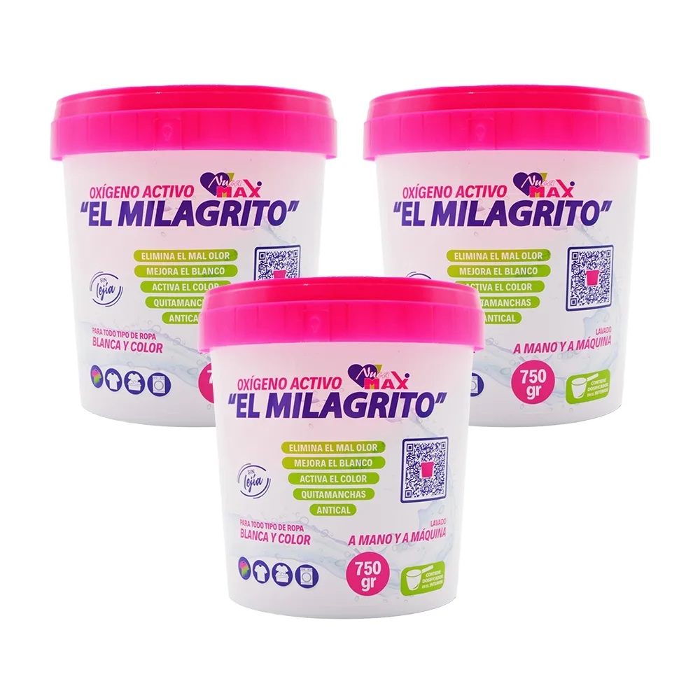 El Milagrito Oxigeno Activo Bote 750gr (Pack 3 Botes) - Potente quitamanchas, Elimina el mal olor, Mejora el blanco y activa el color de la ropa, Antical, Sin lejia, Para lavado a mano o a maquina - Combinalo con tu detergente y maximiza su eficacia