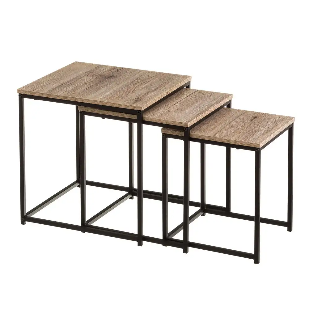 Lola Home Set de 3 mesas de centro nido de madera natural clara y metal