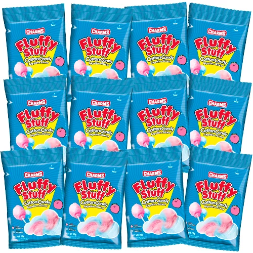 Pack 12 bolsas - Algodón de azúcar - Fluffy Stuff - 2 sabores mora y fresa - 28g/bolsa - sin gluten