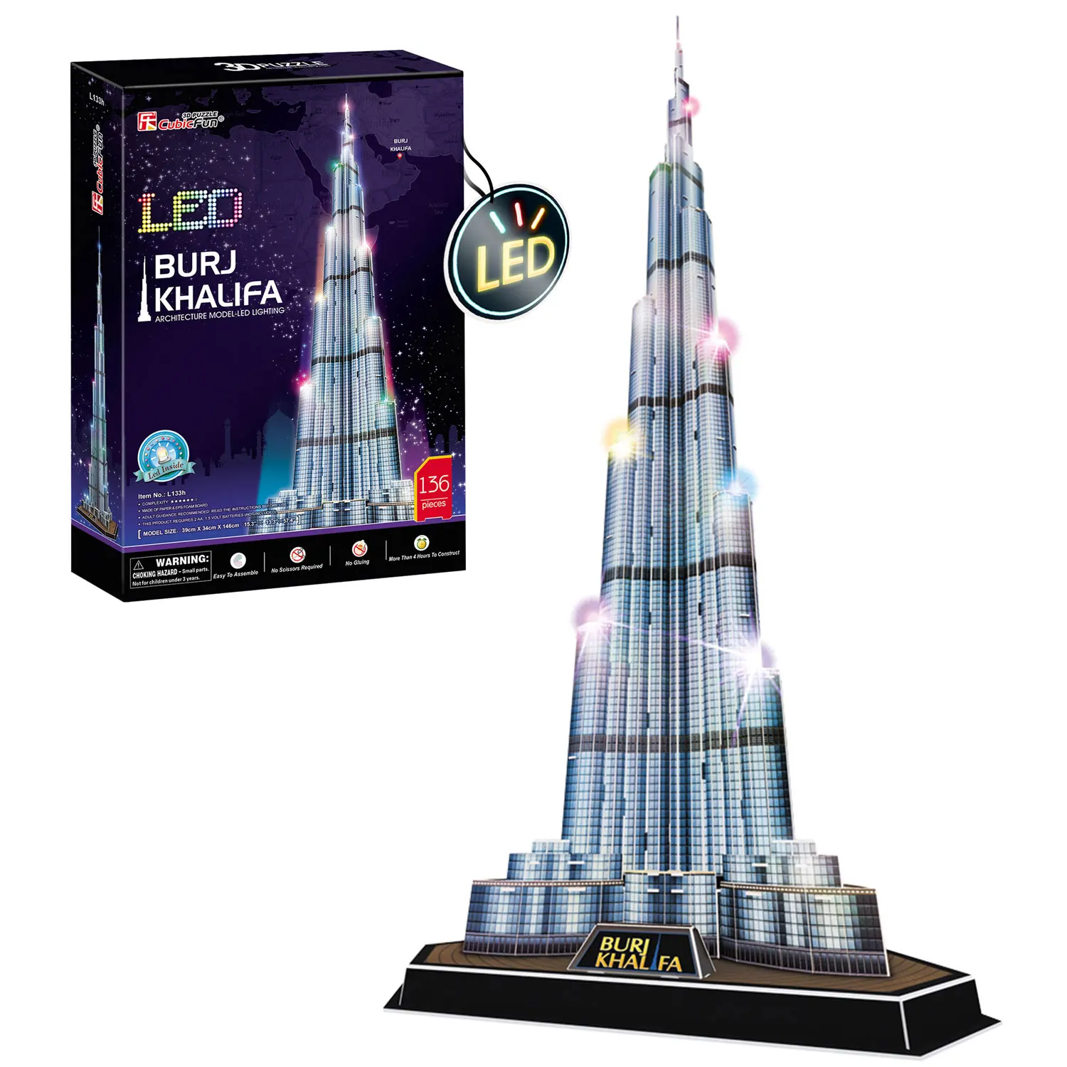Burj Khalifa Led | Puzzle 3d Niños Y Adultos | Maquetas Para Montar