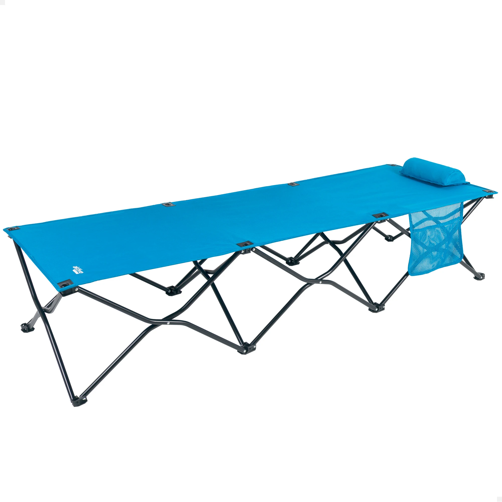 Aktive - Cama camping plegable, 178x62x38 cm, azul, de acero y material PE 600D, para 1 persona, con cojín y bolsillo, plegado compacto, máx. 110 kg, incluye bolsa de transporte, multiuso, cómoda, práctica y resistente, portátil y ligera