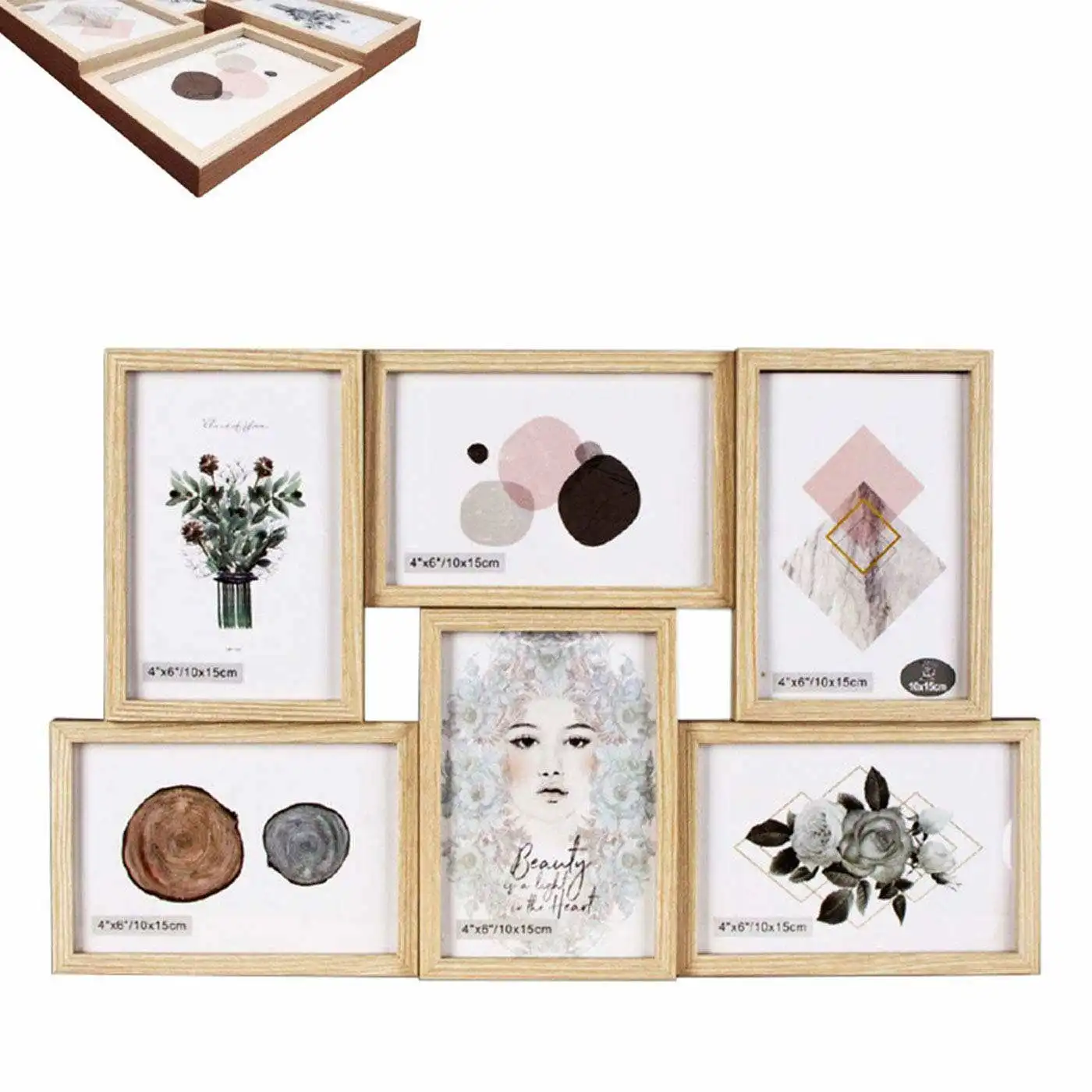 Marco para fotos de pared múltiple de color marfil, decoración del hogar 28 x 44 x 3 cm. Multimarco portafotos de madera con bonito diseño para 6 fotos