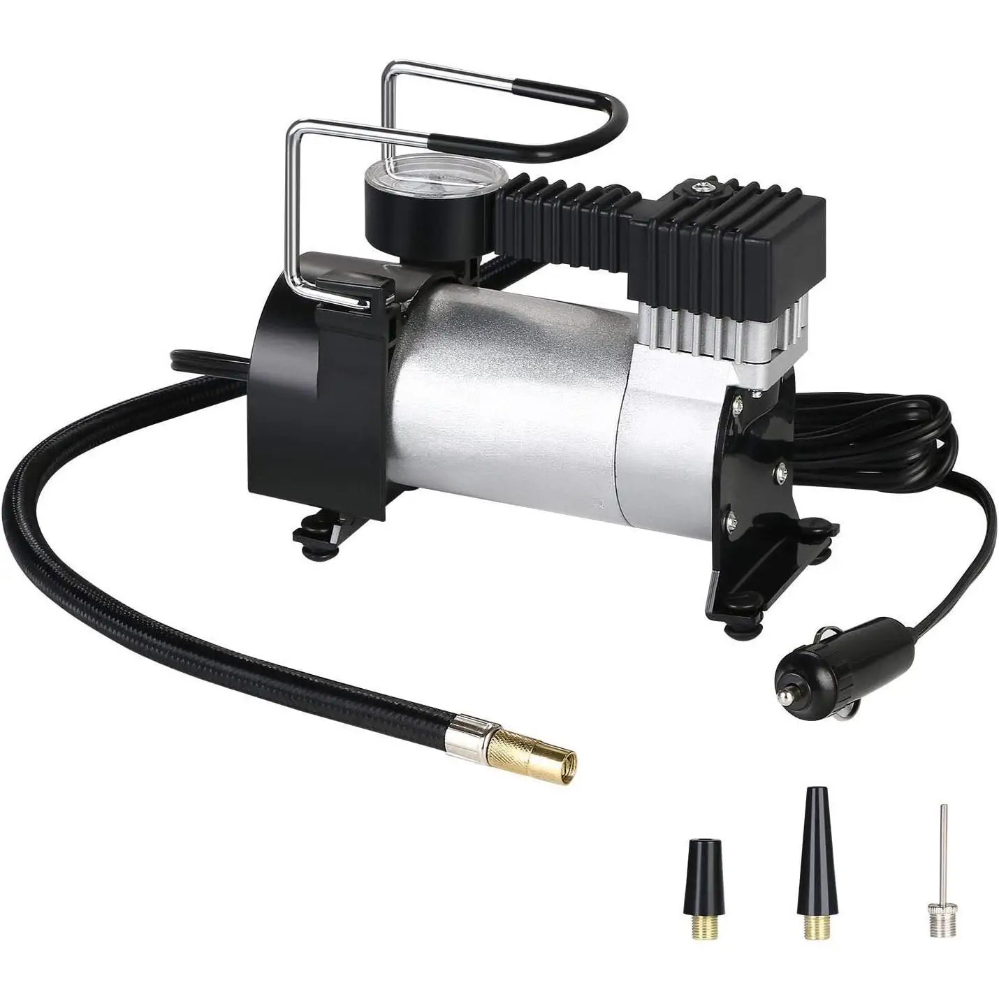 Compresor de Aire Portátil 12V DC con Presión Máxima 150 PSI, Manómetro Integrado, Caudal 35 L/min, Manguera de Aire 1,5 m, 3 Adaptadores Incluidos, Interruptor Incorporado, Ideal para Coche, Bicicletas y Balones