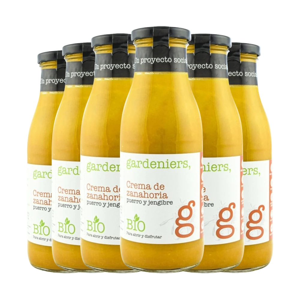 Crema de zanahoria puerro y jengibre Gardeniers 490 g x 6 tarros.