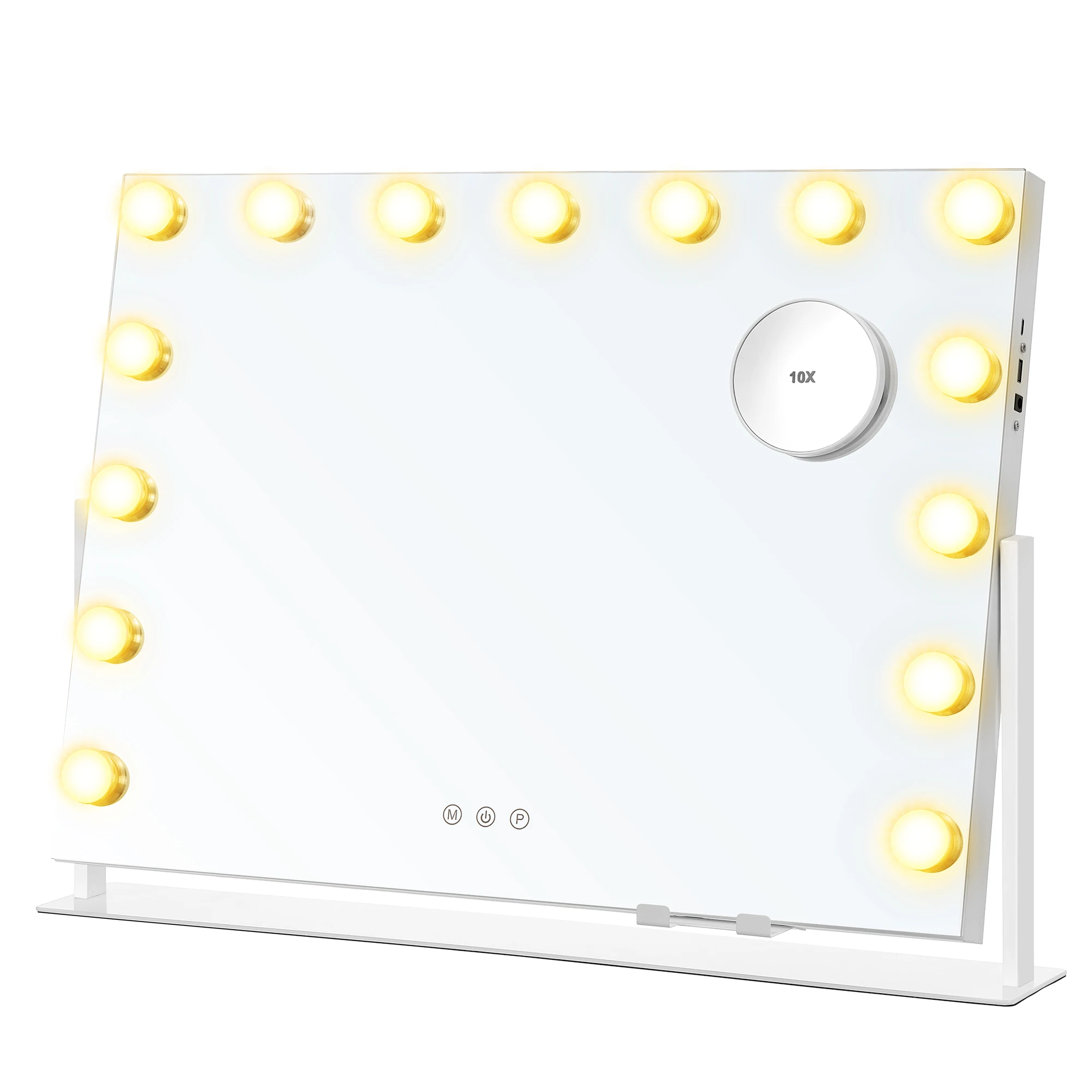 Specchio per trucco SONGMICS con luce, controllo touch, 15 lampadine LED dimmerabili, porte di ricarica, specchio staccabile con ingrandimento 10X, 3 temperature di colore, supporto per telefono,