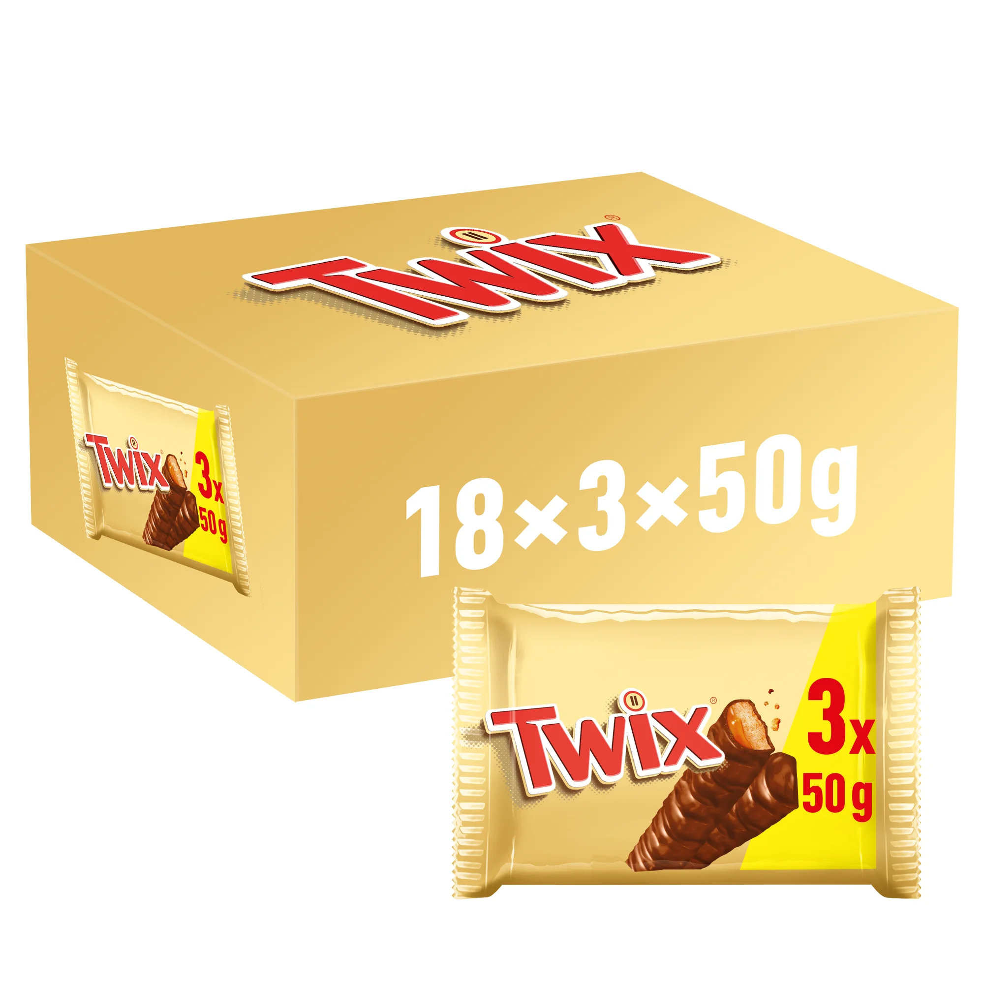 Twix Chocolatina con Galleta Crujiente y Suave Caramelo Recubiertos de Chocolate con Leche, en Barrita doble, 18 Paquetes de 3 Unidades x 50g, Sabroso, delicioso y muy crujiente: TWIX podría ser el compañero de trabajo o de estudio perfecto.