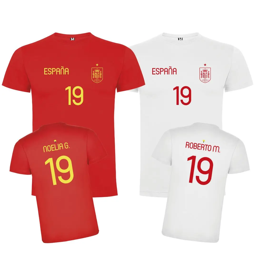 DEREGALOOS Camiseta España Personalizada con Nombre y Número en Pecho y Espalda, Blanca o Roja