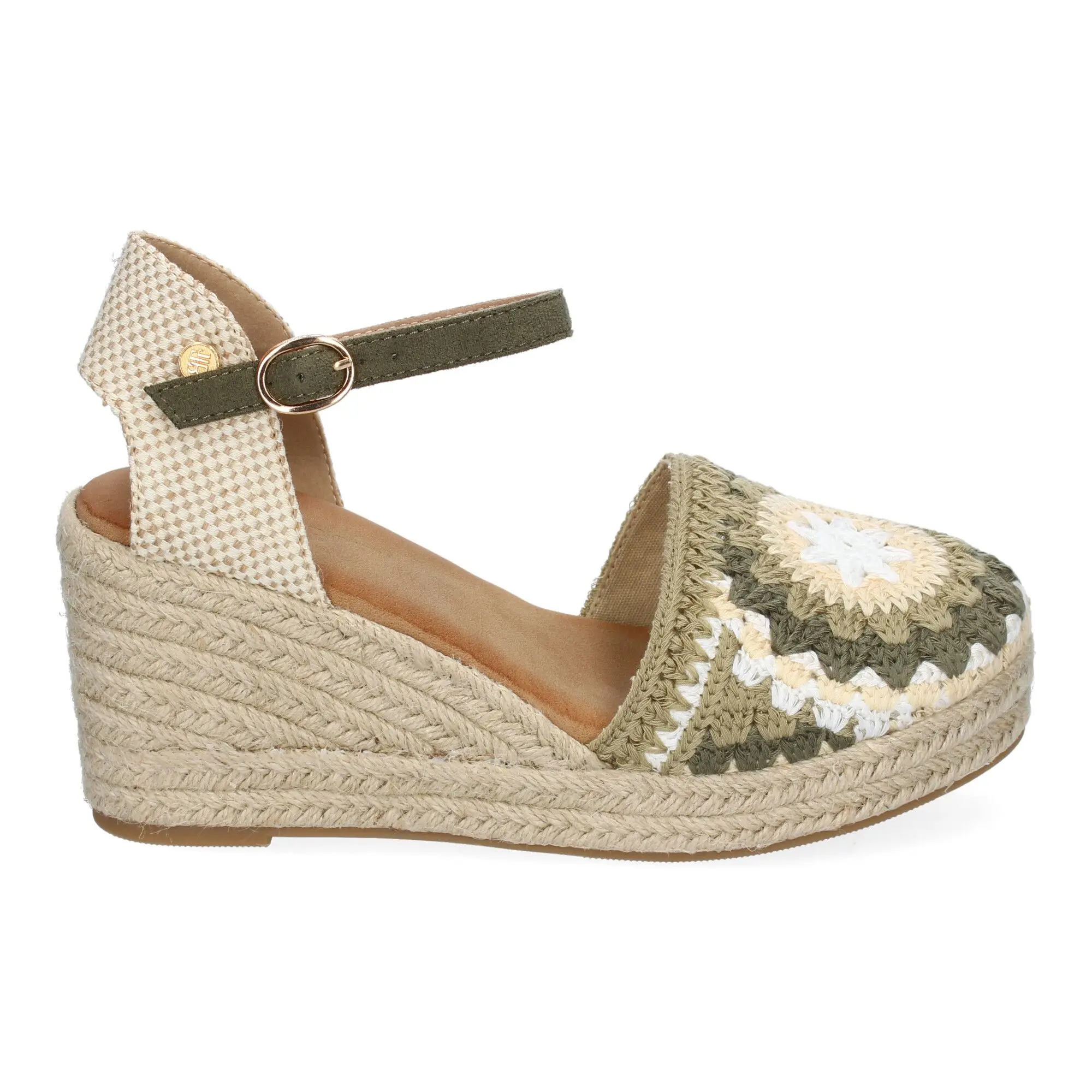 PuntoSalao Sandalias de cuña media en yute pala bordado floral para mujer color verde CF-5039