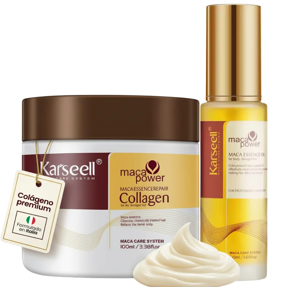KARSEELL Pack Mascarilla Capilar Colágeno 100ml + Aceite de  Argán 50ml Coco Maca Reparación Profunda Hidratación Intensa Anti-Frizz Cabello Seco y Dañado Profesional Formato Viaje