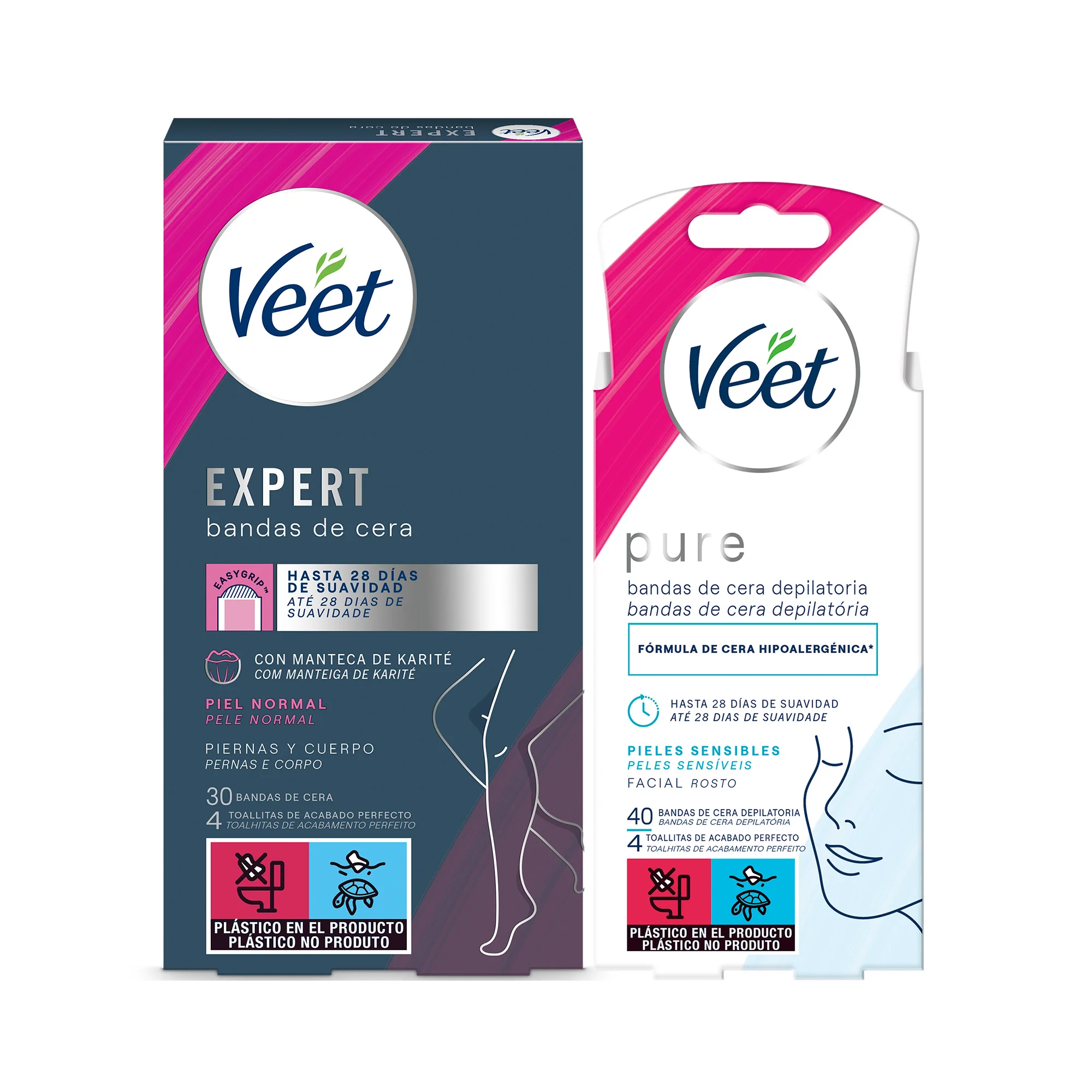 Veet Bandas de Cera Fría | Depilación Facial y Corporal | Hasta 28 Días de Suavidad | Fórmula Hipoalergénica y con Manteca de Karité | 50 Bandas + 6 Toallitas