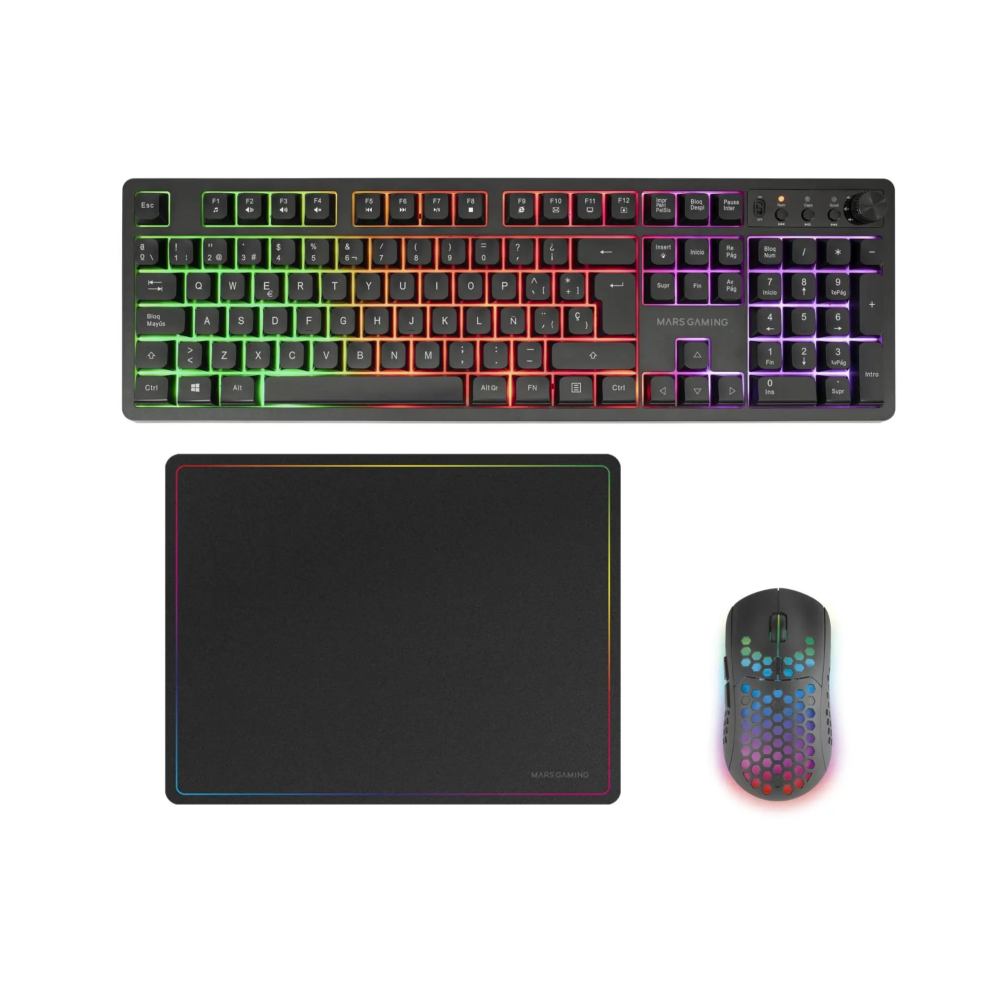 Mars Gaming MCPWX, Combo Gaming Inalámbrico, Tecnología DualPro Link 2.4GPRO, Teclado Completo FRGB con Control Multimedia + Ratón RGB 3200DPI + Alfombrilla Antideslizante 360x260mm, Combo PC