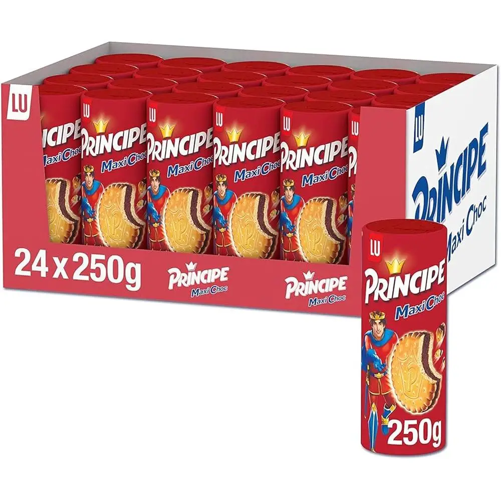 Galletas rellenas de chocolate Príncipe Maxi Choc 250 g, caja con 24 paquetes individuales, masa crujiente dorada y centro cremoso de chocolate, ideal para café, snack o tentempié, hechas en España