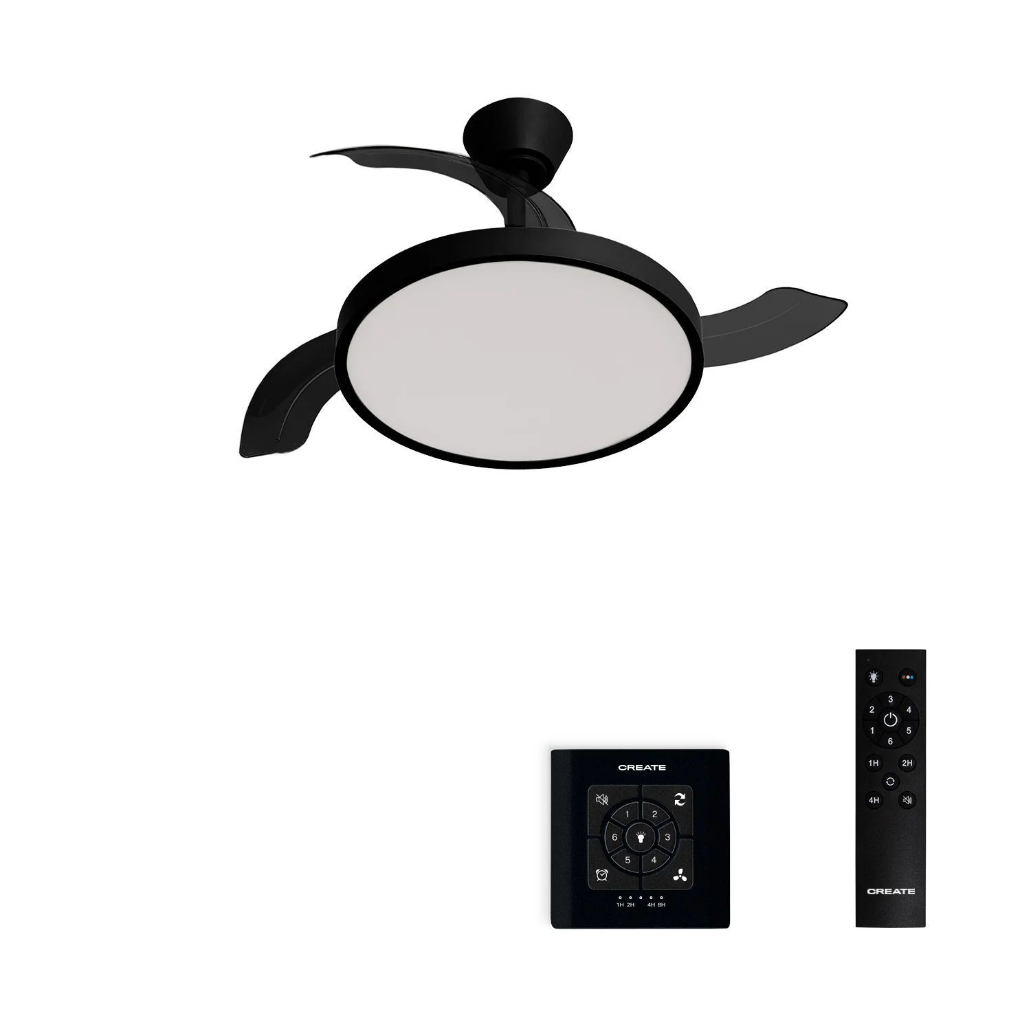 Create - 40w silent retractable blade ceiling fan with led light, with light, size ø91cm or ø108 cm - wind clear studio