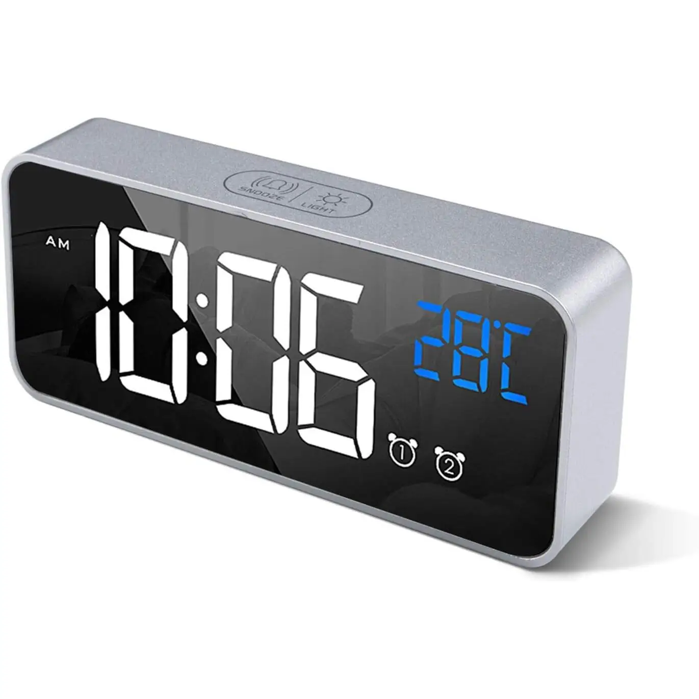 HOMVILLA Reloj Despertador Digital con Pantalla LED de Temperatura, Alarma de Espejo Portátil con Alarma Doble Tiempo de Repetición 4 Niveles de Brillo Regulable 10 Música Despertadores Digitales