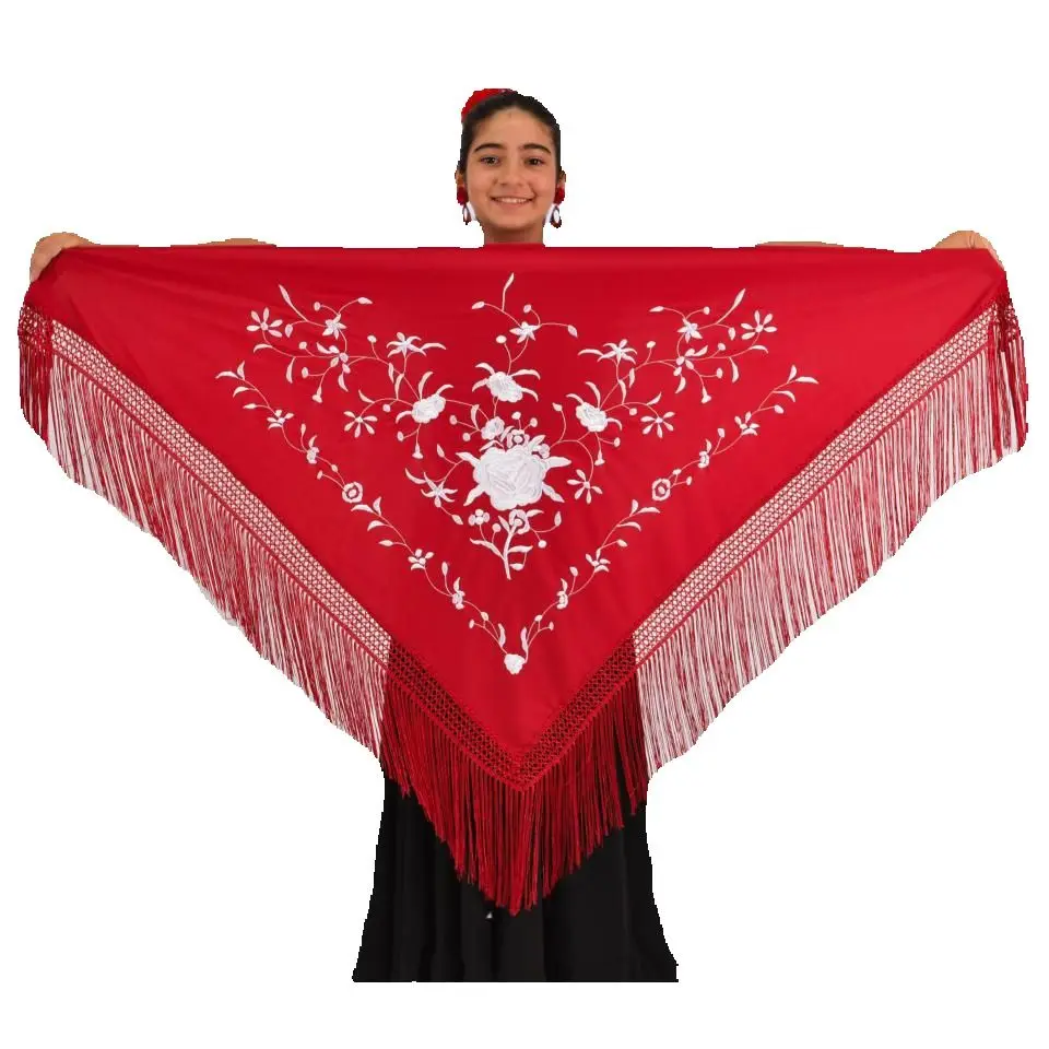 Mantón Mediano Granate con Bordado Blanco Anuka