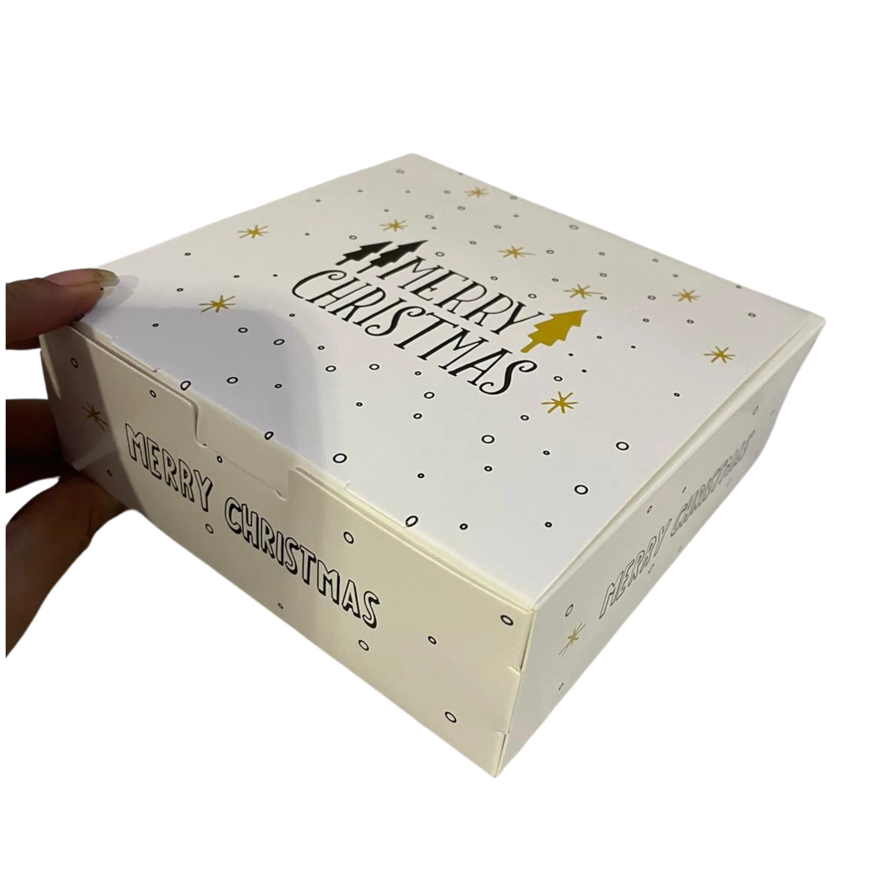 Pack of 15 square box Merry Christmas white with black dots 14x14 side 5-gifts and wraps
