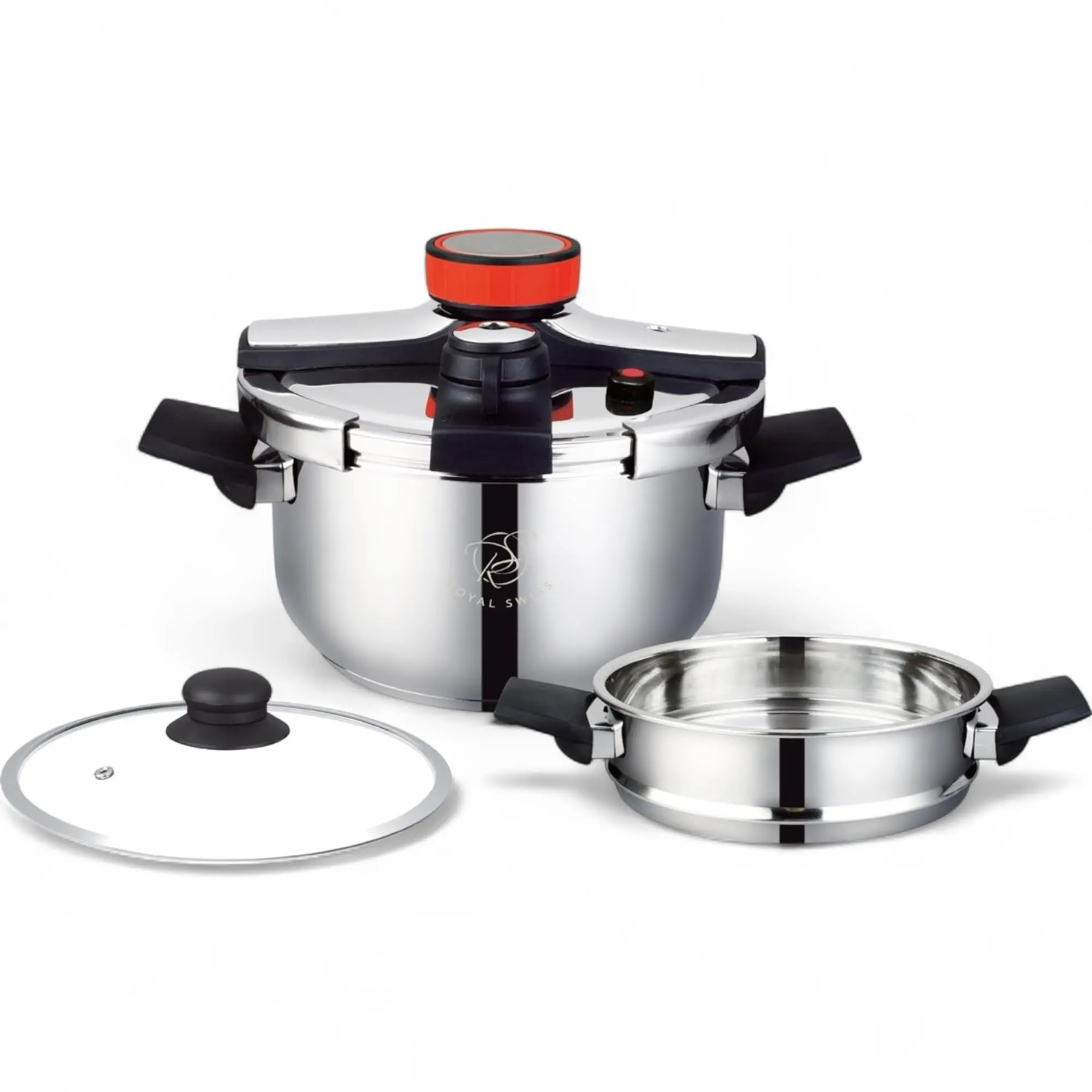Olla a Presión Royal Swiss  automática de Acero Inoxidable para Inducción y Gas Incluye Cesta Vaporera y Tapa de Cristal  Segura y de Bajo Consumo