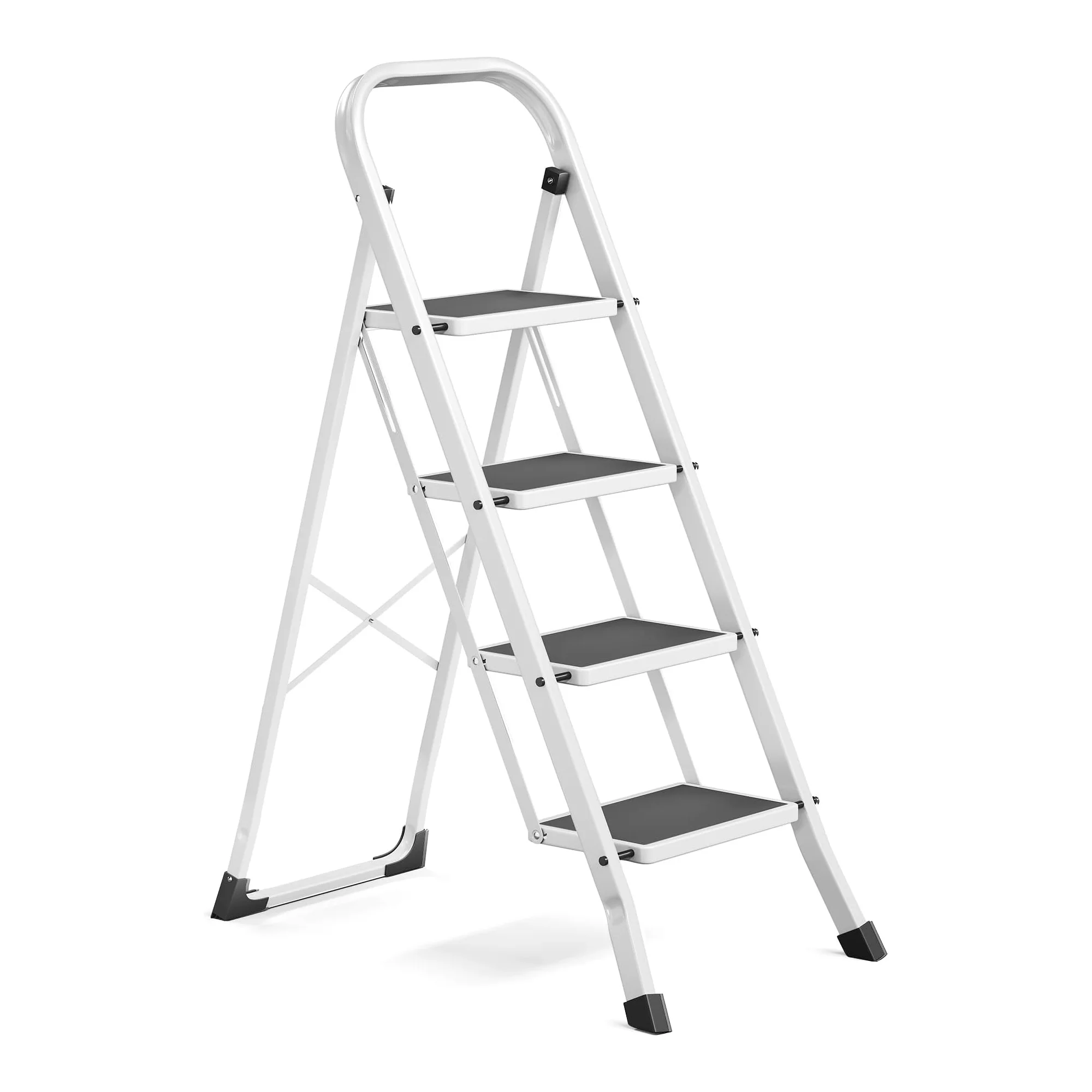 Escalera Plegable 4 Peldaños de Acero, Escalera Doméstica Antideslizante con Mango de Seguridad, Soporta 150 kg por Peldaño, Escalera Compacta y Ligera para Cocina, Hogar, Almacén o Bricolaje