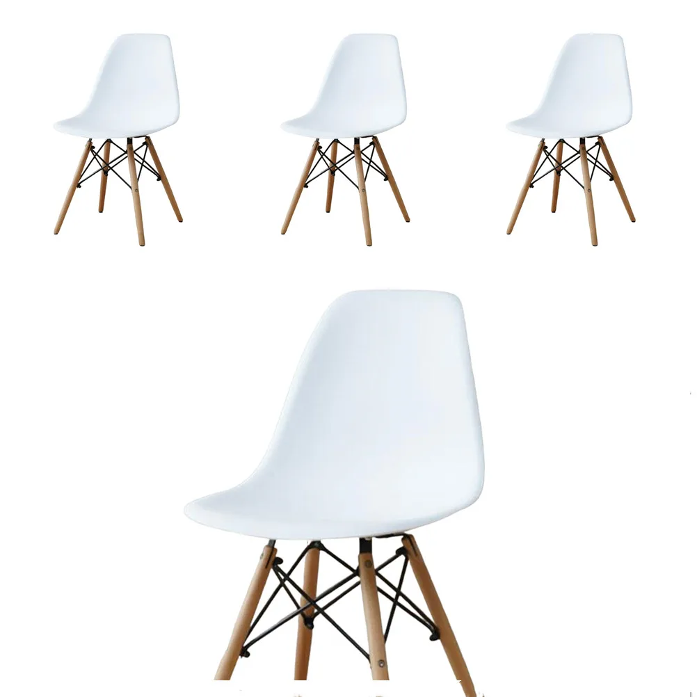 Set of 4 Ema Ins Chairs with Wooden Legs, Medieval Nordic Style Furniture, for Desk, Dining Room, Bedroom, Balcony or Restaurant Bar Hospitality, Office Nordic Kitchen Dining Table, White Metal