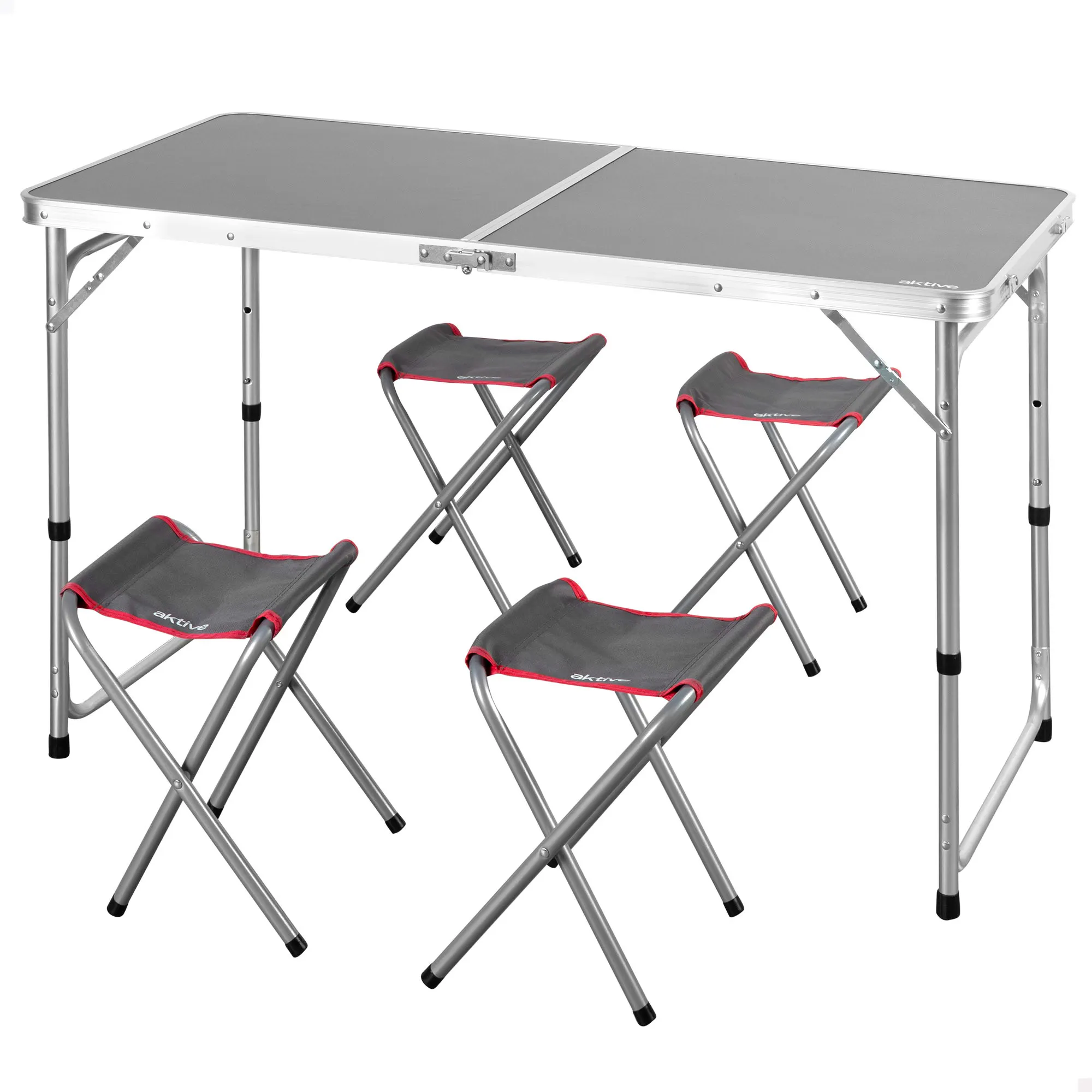 Aktive - Mesa plegable aluminio 120x60 cm, acabado gris, con 4 taburetes acero, regulable 60/70 cm, portátil con asa
