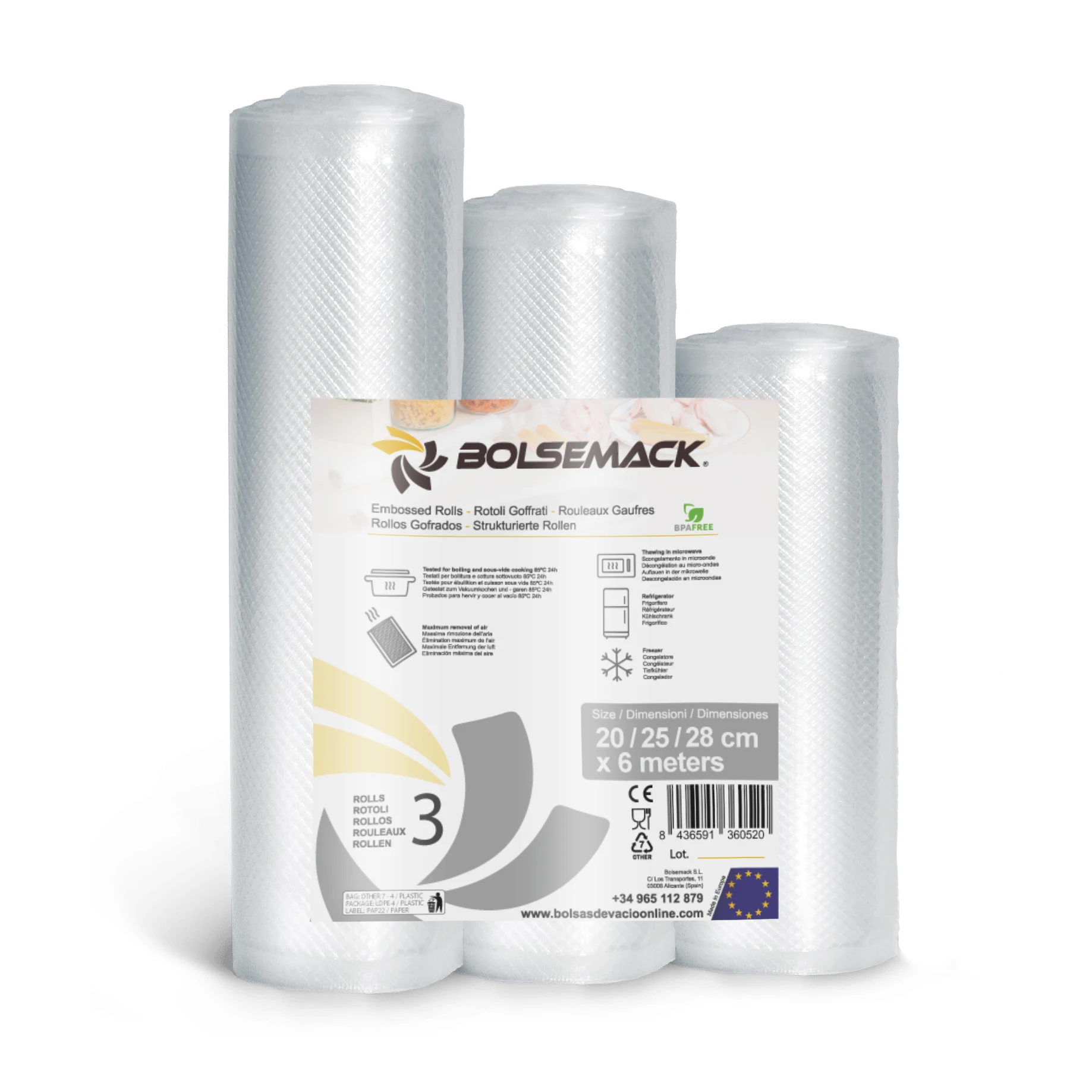 Bolsemack - Rollos al Vacío Gofrados de Envasado al Vacío 3 tamaños 20/25/28 cm x 6 metros  Bolsas de vacío para alimentos  Compatible con todas las envasadoras al vacío  Apta para cocina sous vide  Sin BPA ni ftalatos. Son los tamaños usados más comunes.