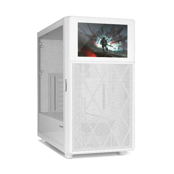 NOX XTREME PRODUCTS Hummer BIOS - Semitorre ATX  M-ATX  ITX, Pantalla LCD 8" Personalizable, Panel Frontal Metal Mesh, Lateral Cristal Templado, Espacio para 11 Ventiladores, USB-C y 3.0, Blanco