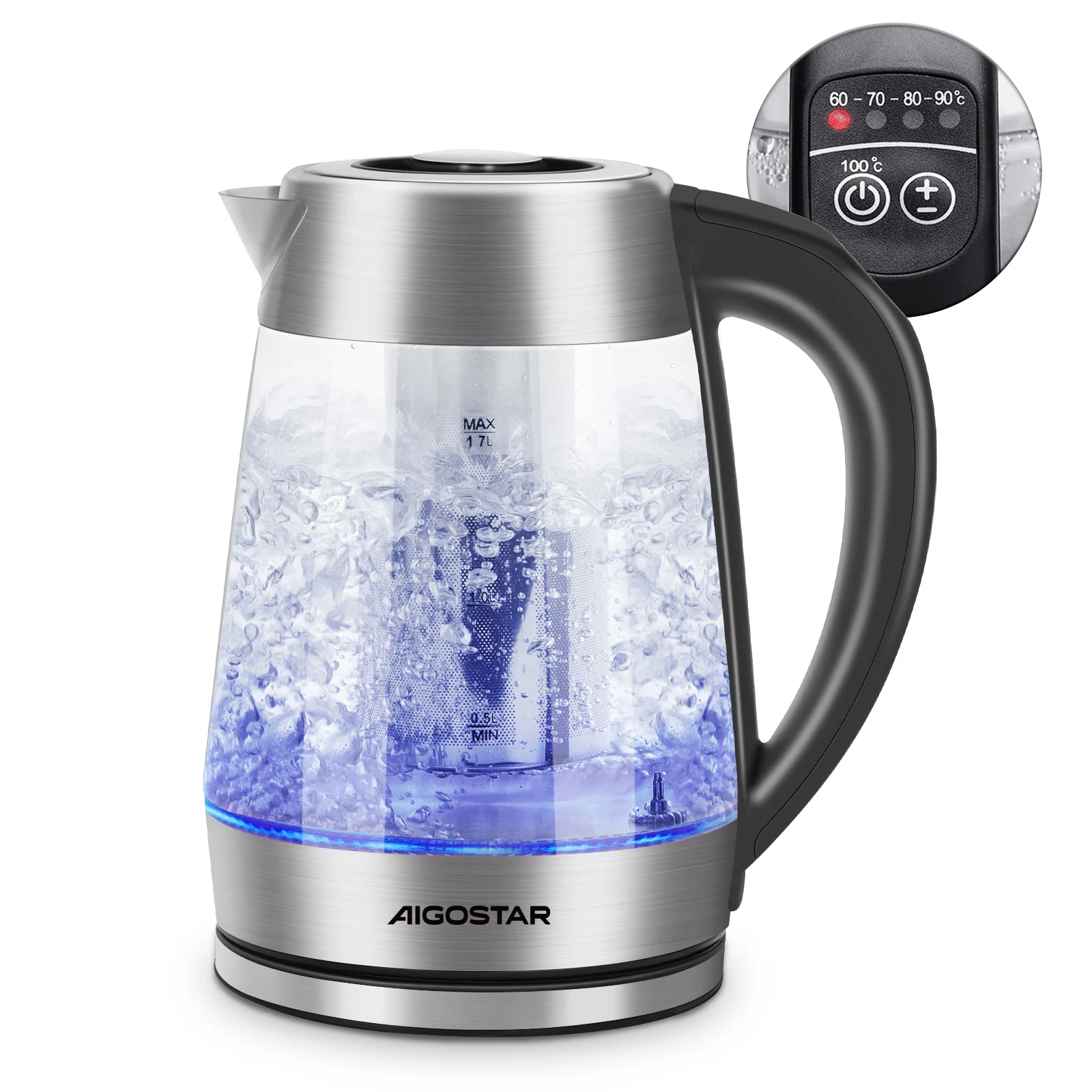 AIGOSTAR Hervidor de Agua, Vidrio de Borosilicato con Infusor de Té, 5 Niveles de Temperatura, Función Mantener Caliente, Iluminación LED, (2000W, 1.7L )