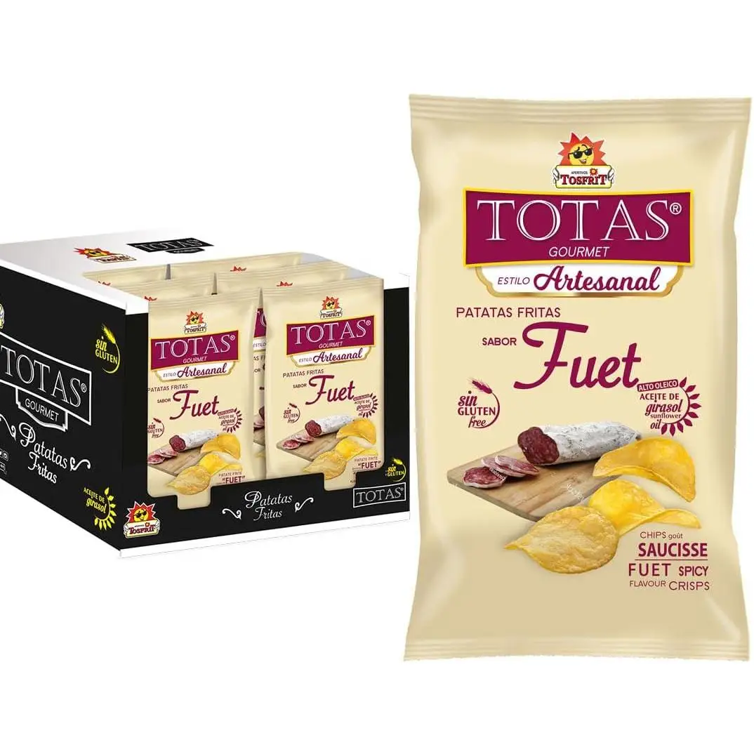 Tosfrit Aperitivos: Caja de Patatas Fritas Onduladas con Sabor a Fuet - 9 bolsas con 130gr cada una
