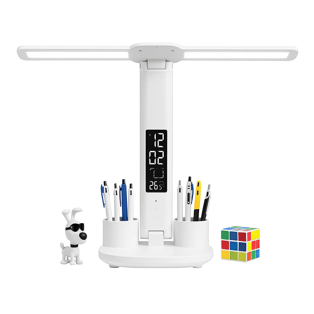 Lámpara LED de Escritorio Multifuncional con Reloj, Termómetro, Porta Lápices y Luz Regulable para Estudio, Oficina o Niños – Diseño Moderno y Compacto