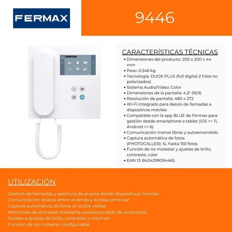 Fermax 9446 veo wifi monitor 4.3" duox plus 2 wires white