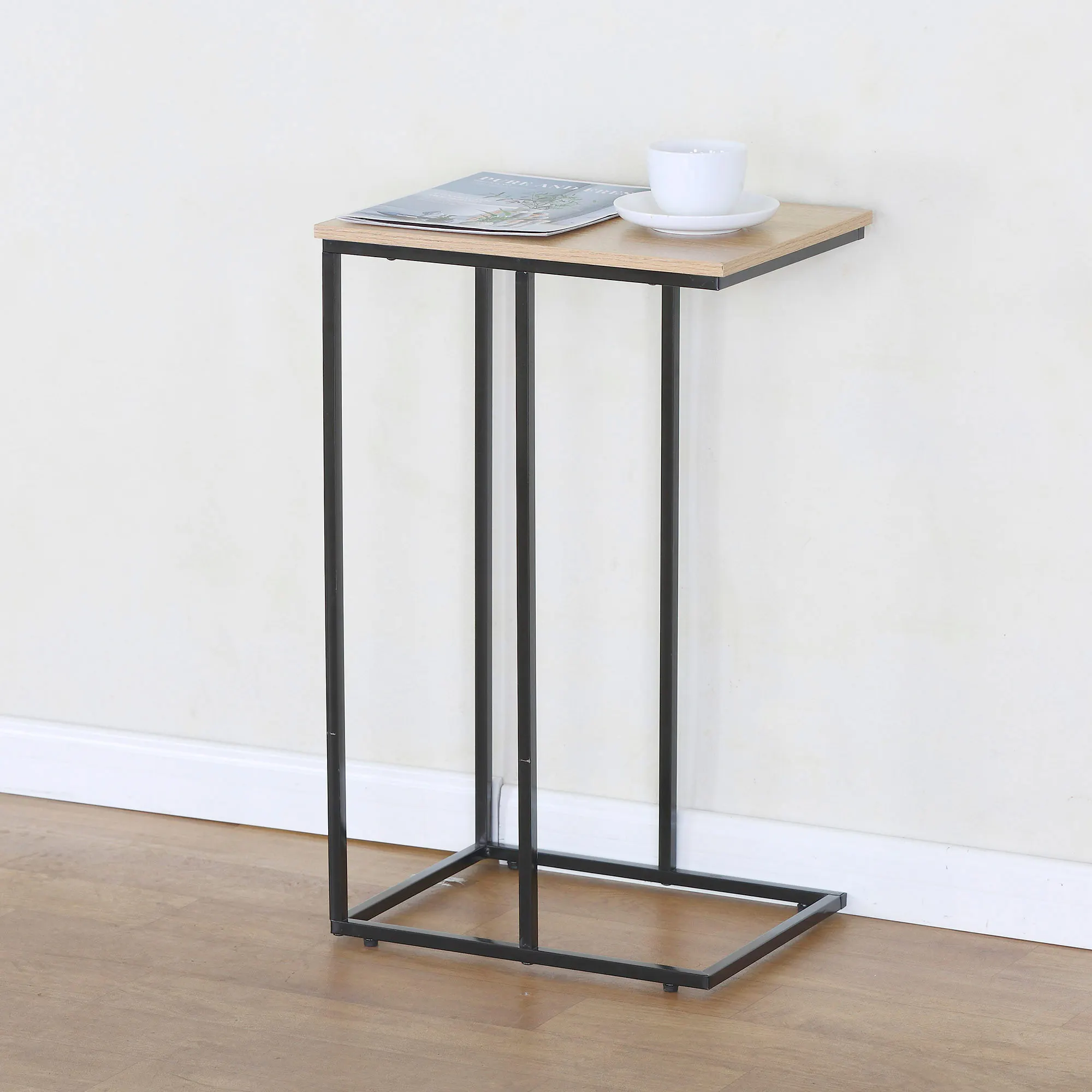 Max Home-C-shaped side table made of wood and steel, 40x30x66 cm, supports up to 6 kg, rectangular shape, leveling system on the legs, stable and durable sofa table, small side tables, decoration, industrial style