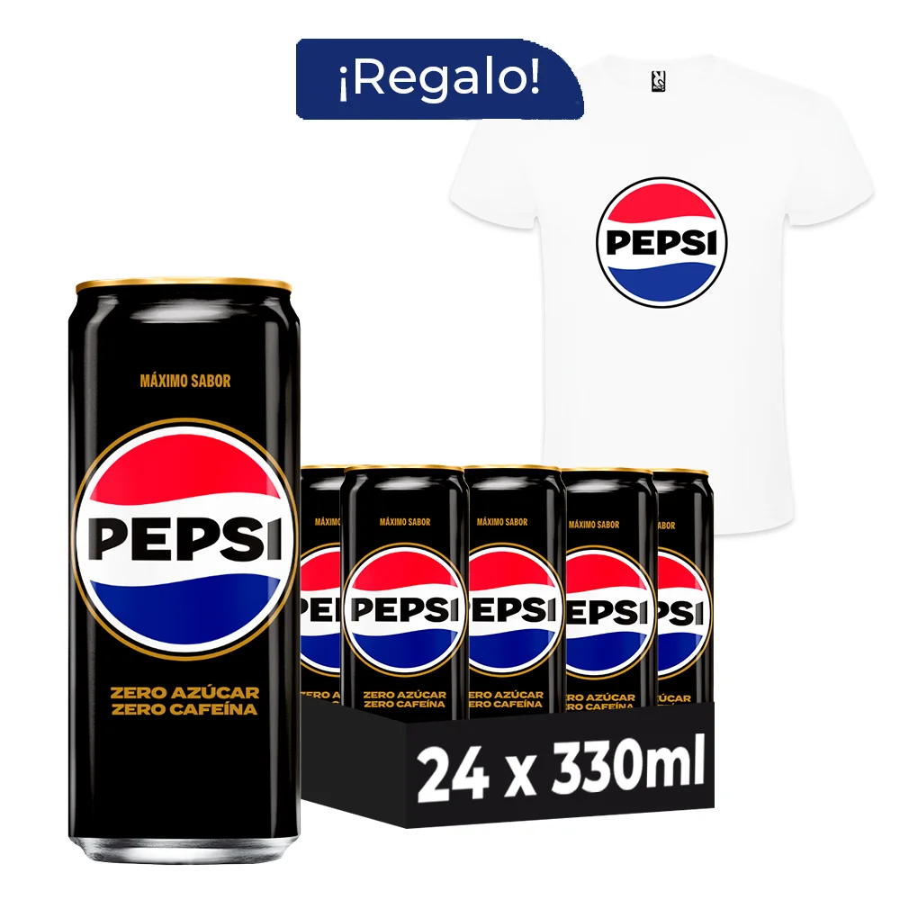 Pack Regalo Pepsi Max Zero Azúcar Zero Cafeína Refresco de Cola 24 Latas x 330 ml + Camiseta, Máximo Sabor, Bebida Gaseosa, Ideal para Compartir y Refrescarte en Cualquier Momento