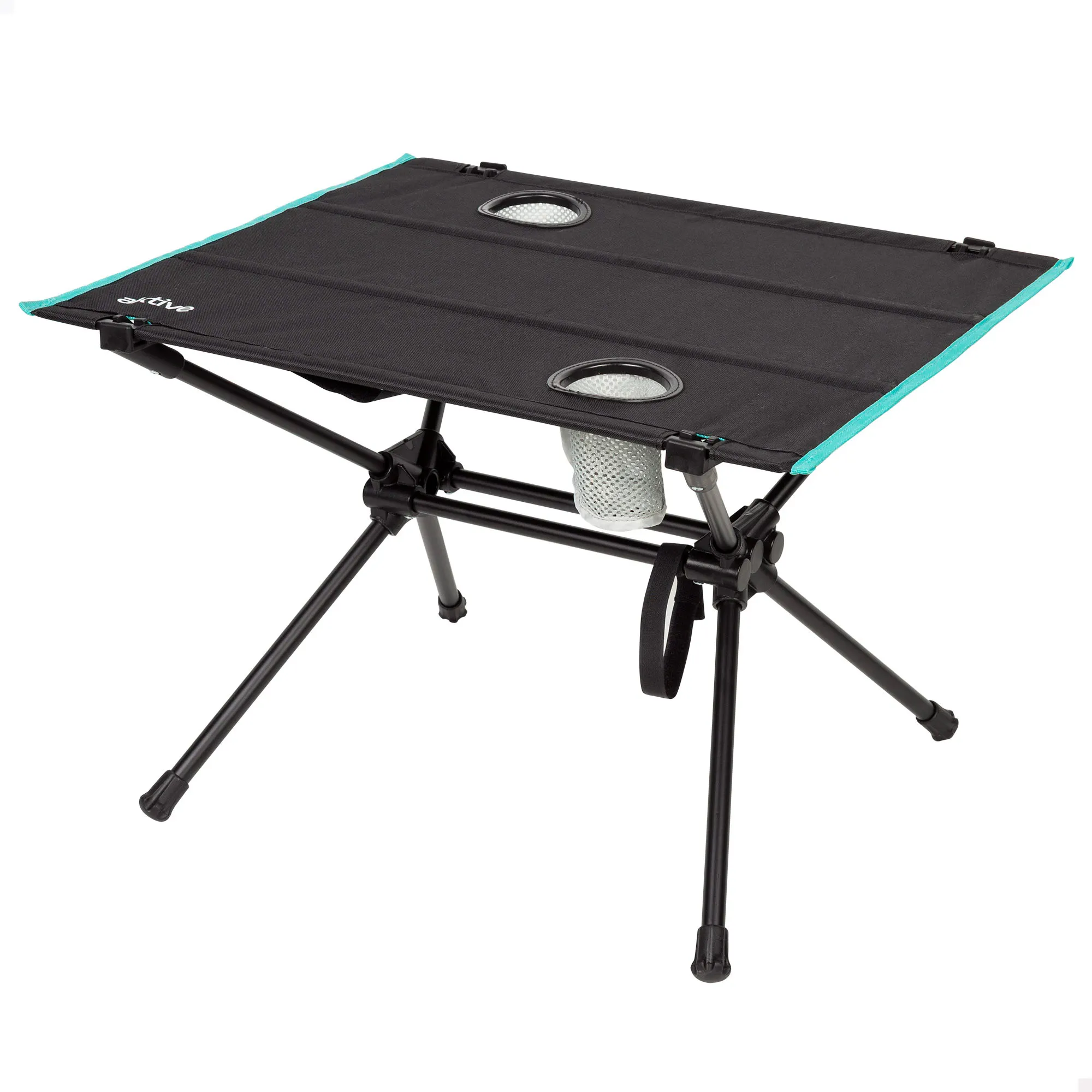 Aktive - Mesa camping plegable 62x56x42 cm, con portavasos y bolsillo de malla, estructura estable y ligera, soporta hasta 100 kg, fácil de montar y transportar con bolsa incluida, ideal para