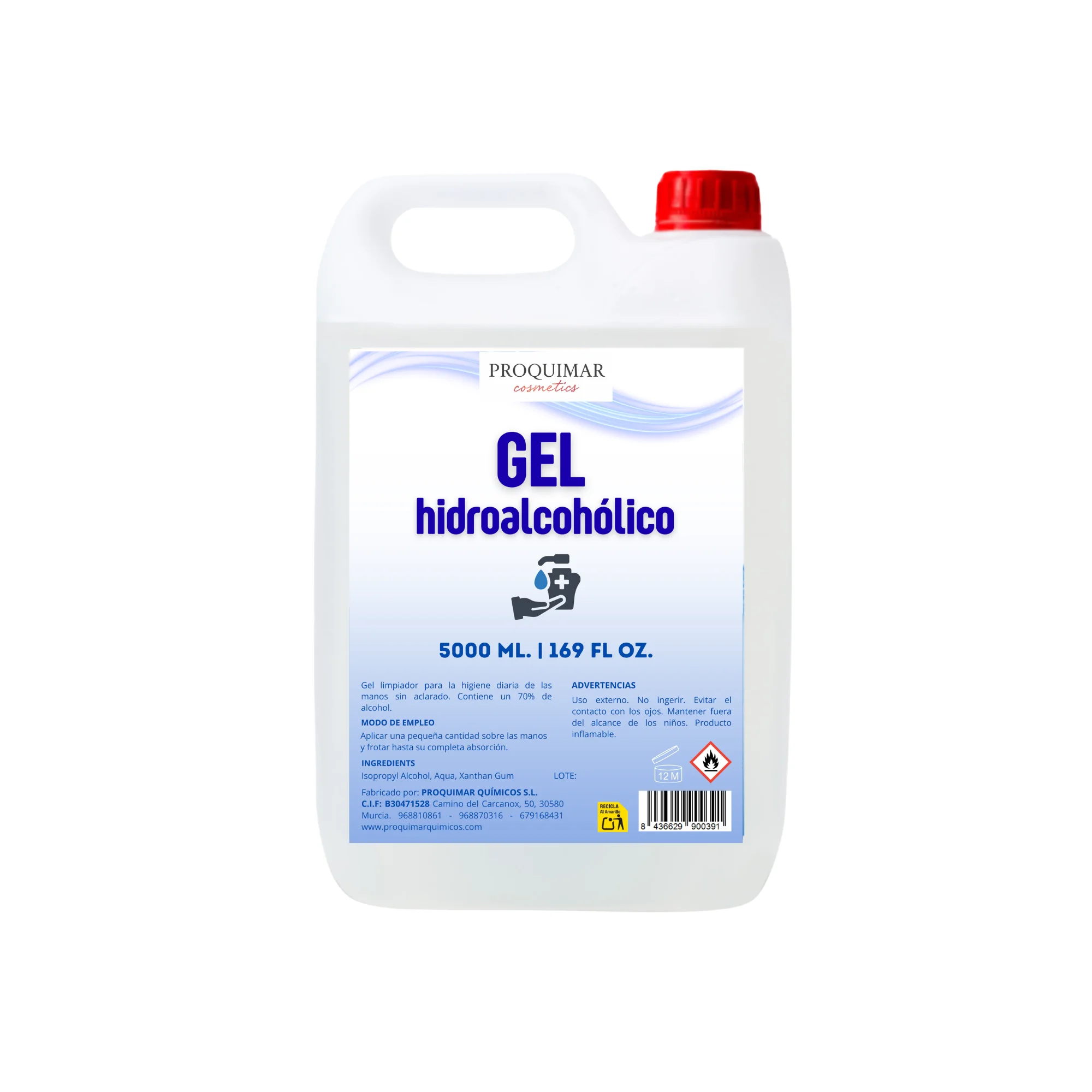 Gel Hidroalcohólico 5 Litros – Garrafa Uso Profesional y Doméstico – Higiene de Manos sin Aclarado – Secado Rápido