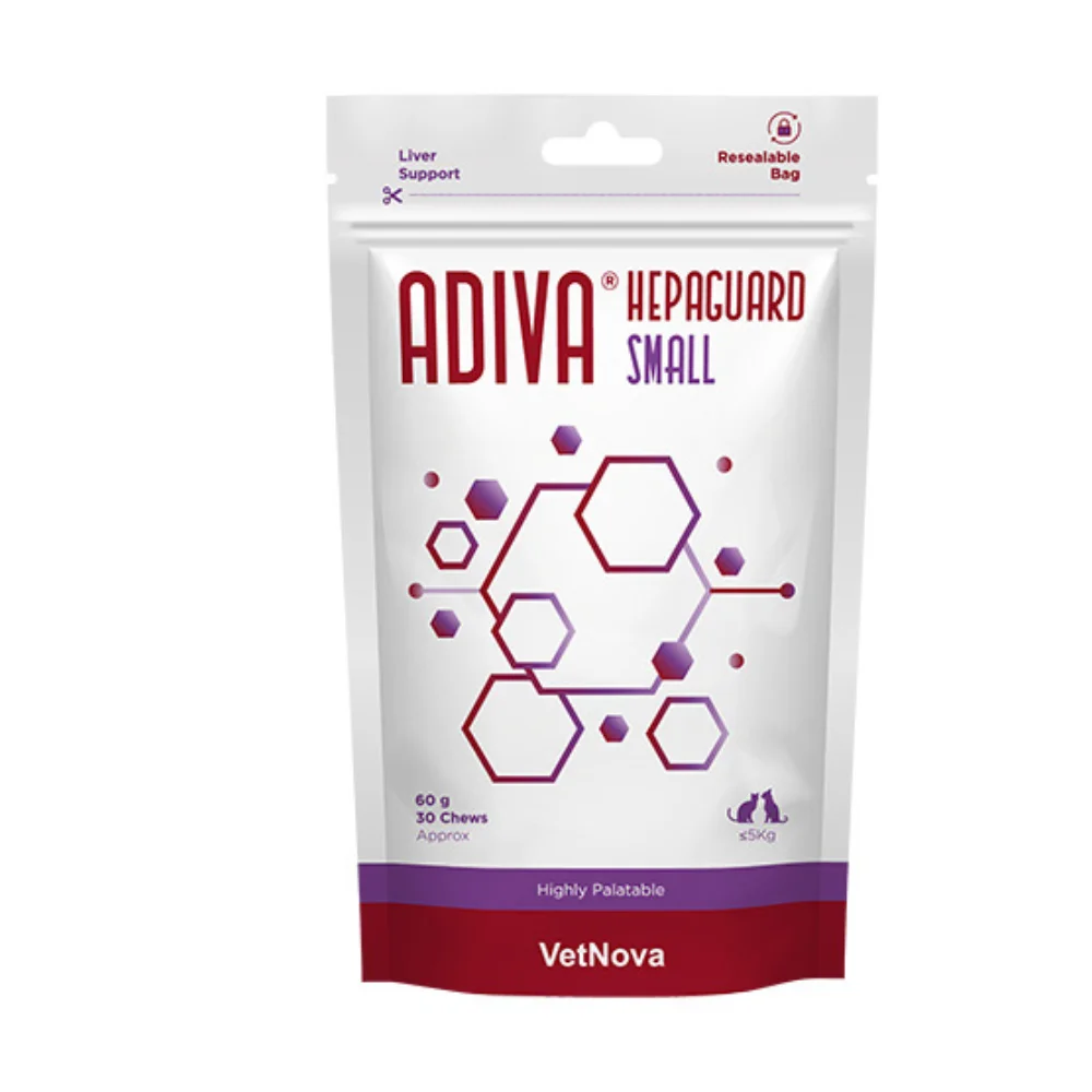 Adiva Hepaguard Small chews (VetNova) — Suplemento hepático con SAMe y silimarina para perros pequeños y gatos