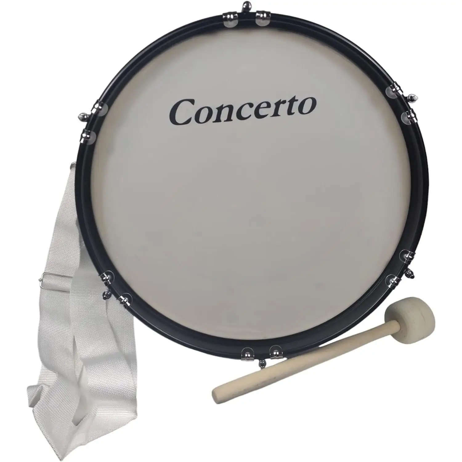 Bombo Junior 16"x 7" CONCERTO, con casco de madera forrado en blanco con una maza Bombo, correa cruzada doble de Nailon y llave de afinación