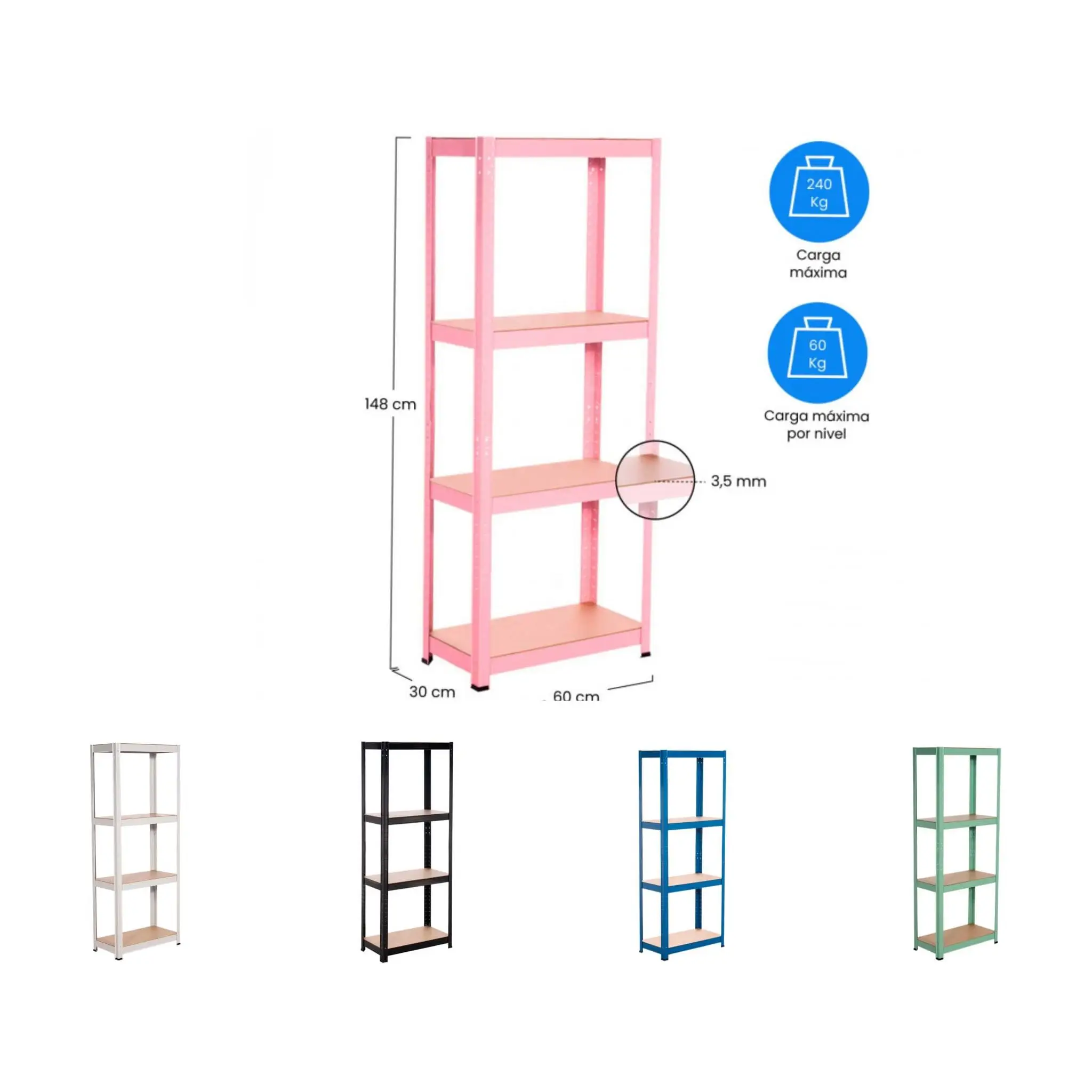 Estanteria Metalica Modular Con 4 Baldas Ajustables Estantería Multiusos  7H Seven House Muebles y organizacion Uso Doméstico Dimensiones 148x60x30cm Facil montaje.