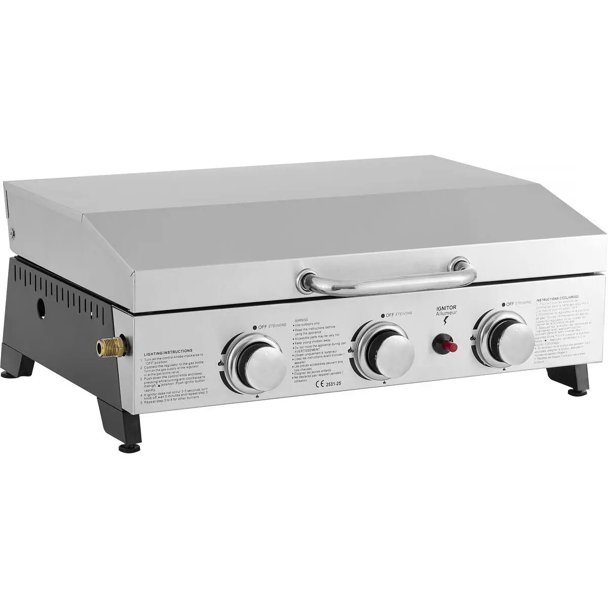 Habitat y Jardin - Plancha de asar a gas con 3 quemadores y tapa metálica "Fasto" - 7,5 kw - Gris