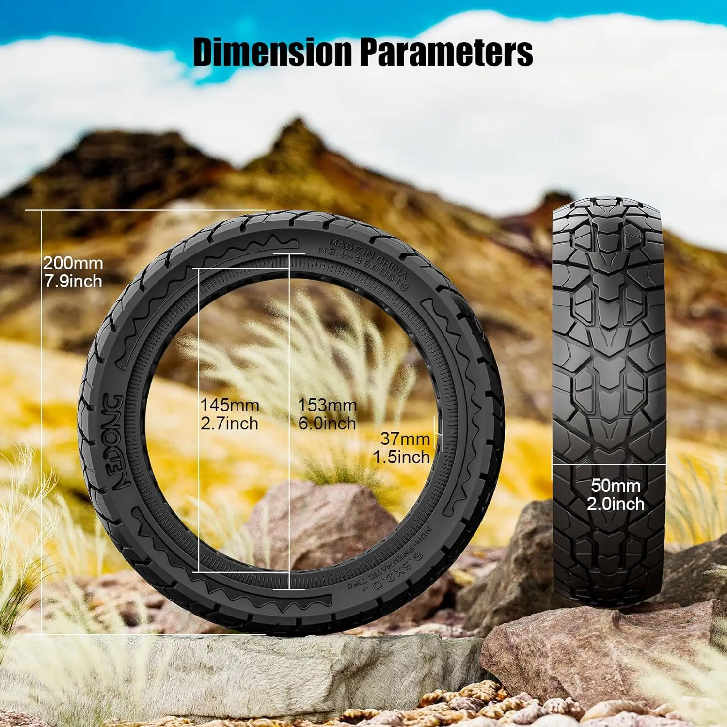Electric Scooter Solid Off-Road Tire for Xiaomi Pro 2/M365/M365 Pro/1S/3/3 Lite/Essential, 8.5 inches, durable puncture-proof rubber, universal fit for front/rear wheels, excellent shock absorption for outdoor use. #3