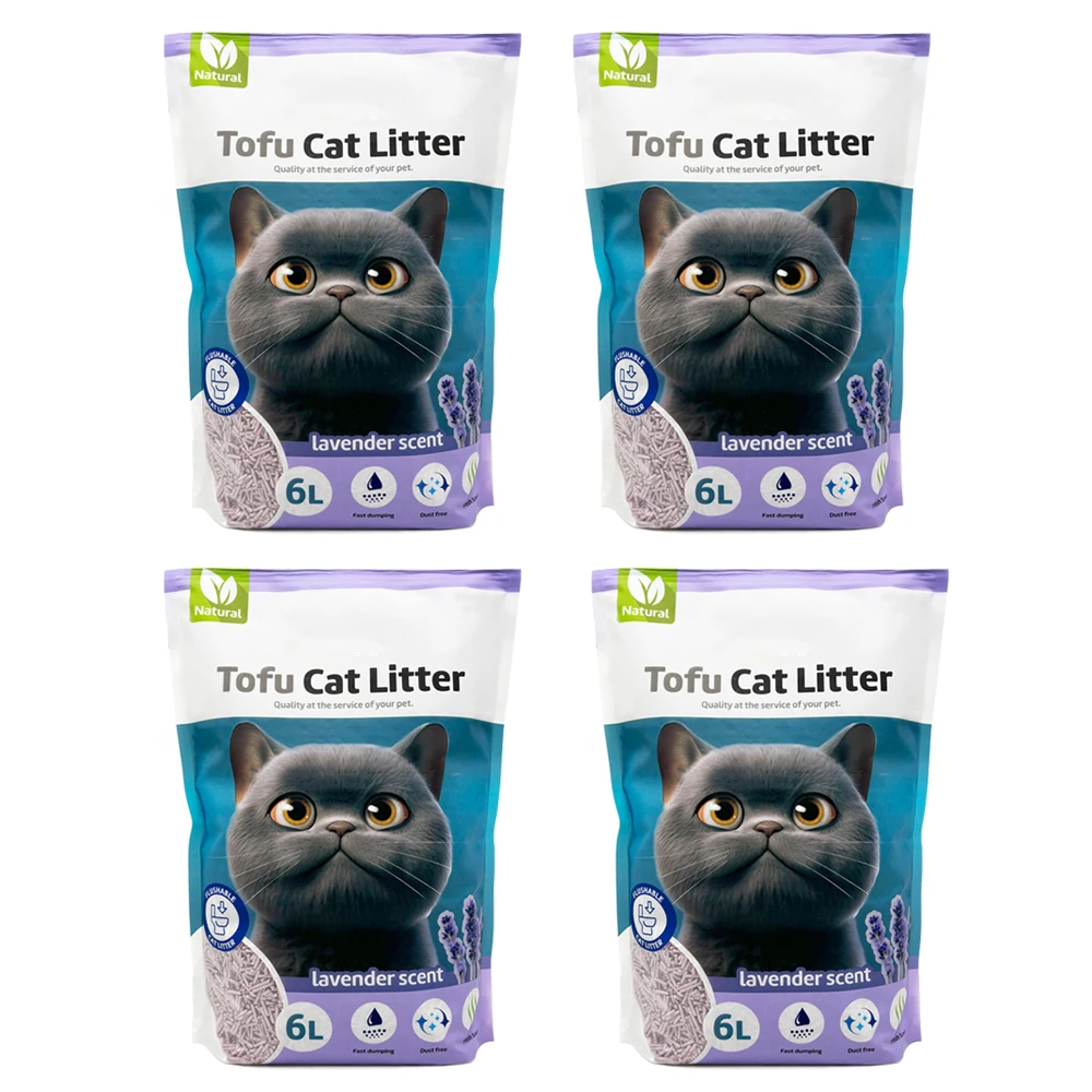4Pcs Arena Aglomerante para Gatos Arena de Tofu para Gatos sin Polvo Fácil de Aglomerar Controla los Olores se Lanza en el Inodoro Sabor Lavanda