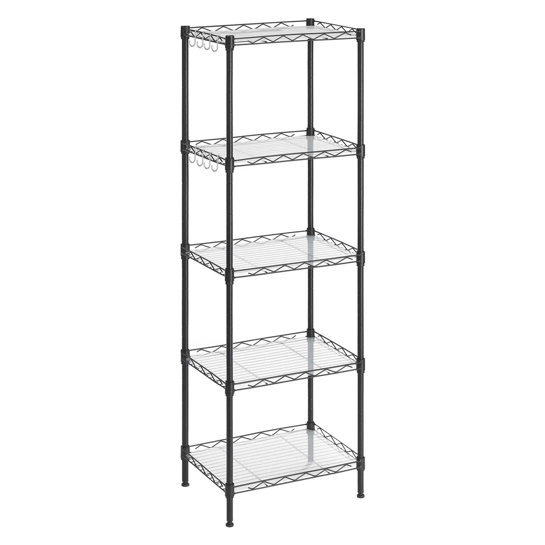 SONGMICS Estante de Cocina, Estantería de 5 Niveles, Estante Estrecho, 8 Ganchos, Gabinete de Baño de Pie, Paneles de Plástico PP, Altura Ajustable, Metal, Negro