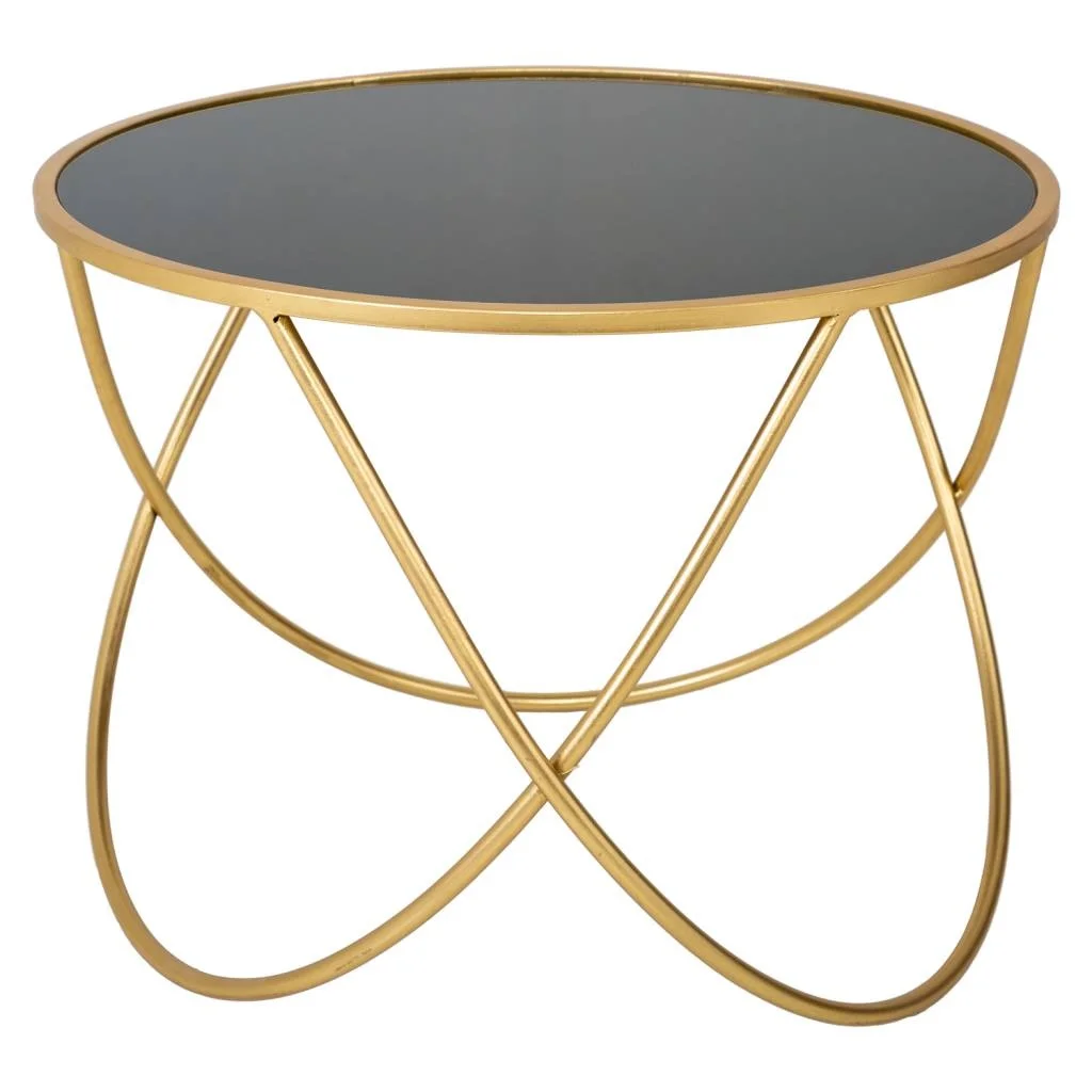 WANDERLUST DECO Mesa auxilar redonda de metal dorado con superficie de cristal d60x45h cm.Tiene 1 puerta