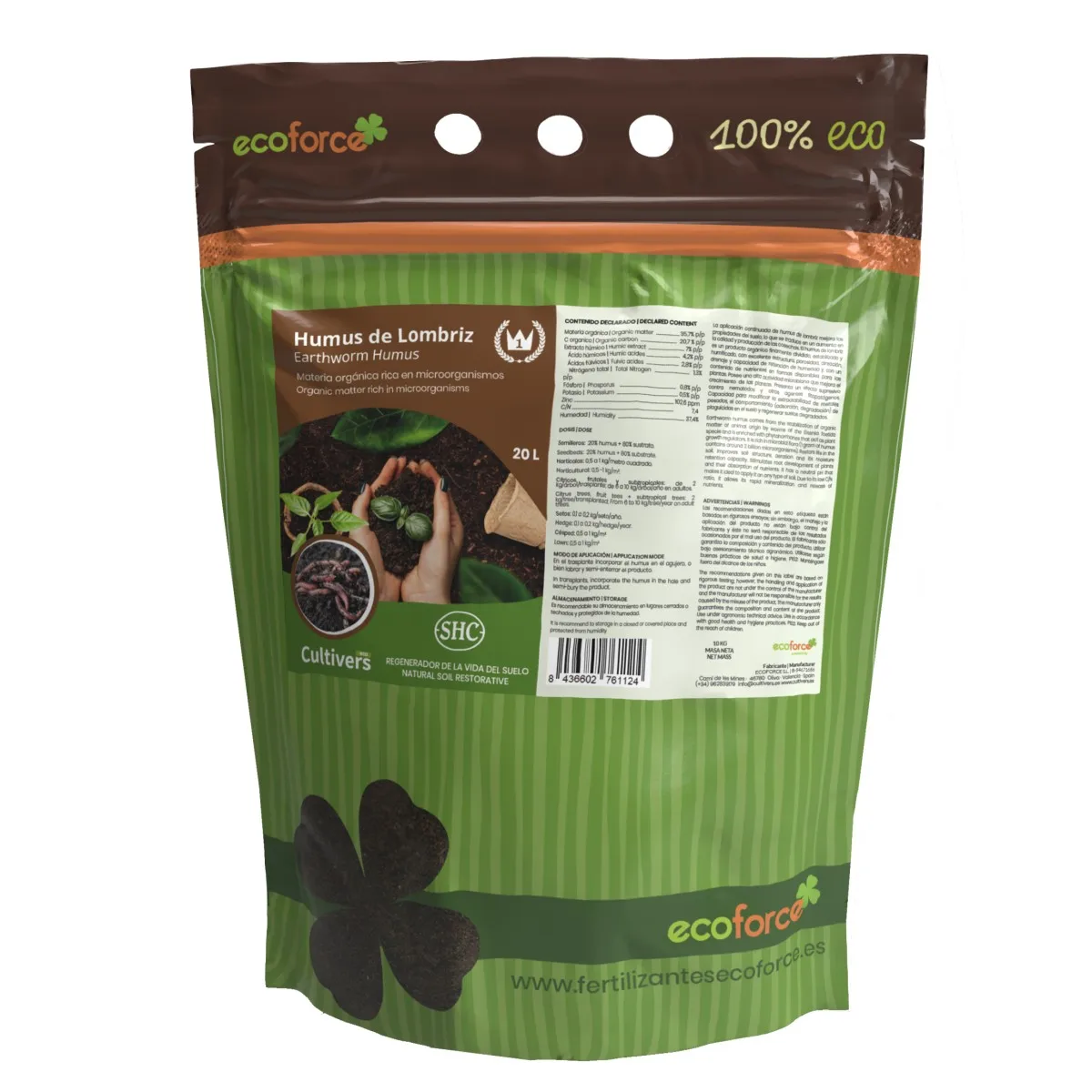 CULTIVERS Humus de Lombriz Ecológico 20 L (10 kg). Abono para Plantas Universal Huerto, Frutales, Césped y Jardín