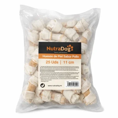 Huesos de Piel con Nudo Sabor Pollo NutraDog 25 Uds 11 cm – Snack Dental para Perros